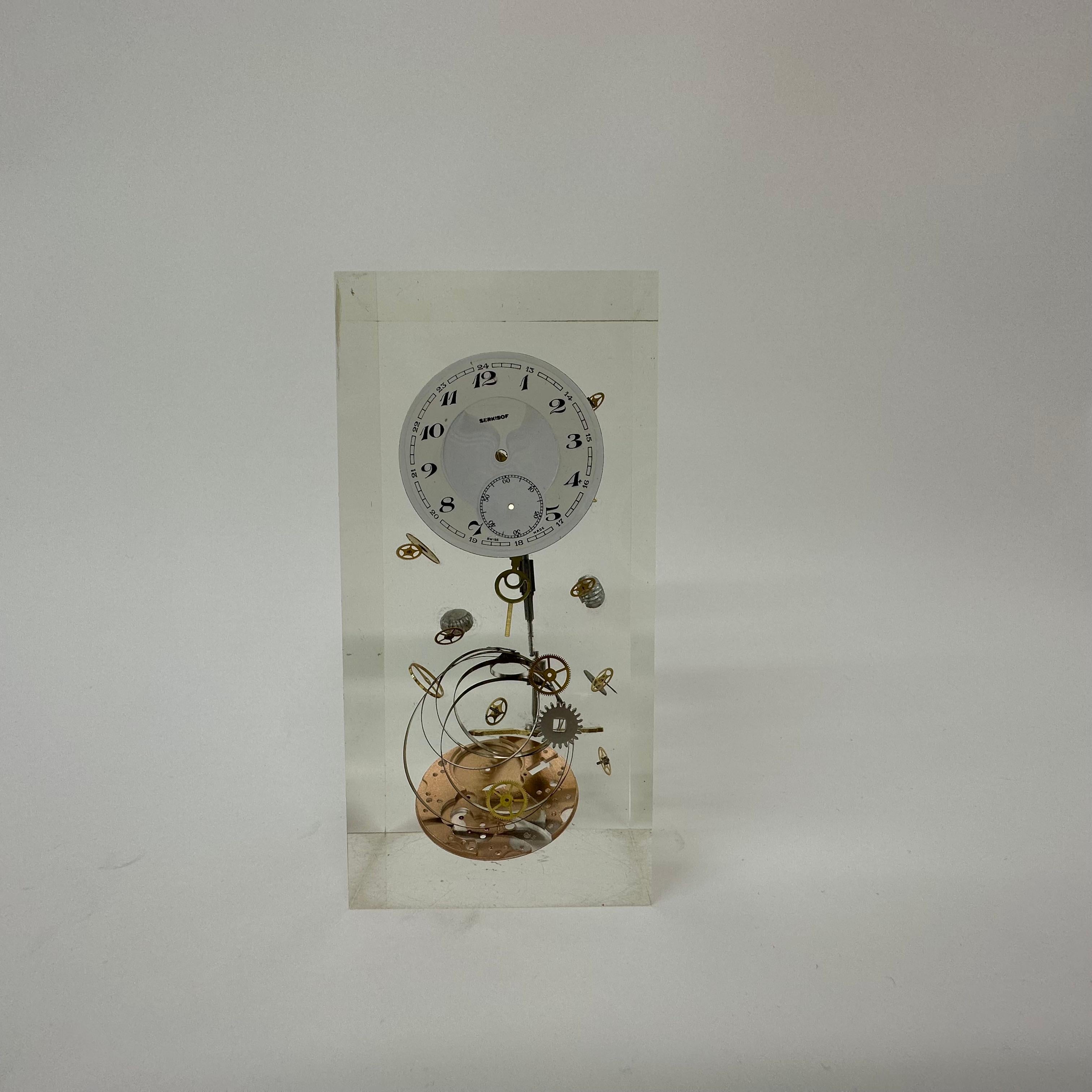 Pierre Giraudon clock parts in lucite , 1970’s France

Dimensions: 13,5cm H, 6,5cm W, 5cm D
Condition: Mint
Designer: Pierre Giroudon
Origin: France
Period: 1970’s
