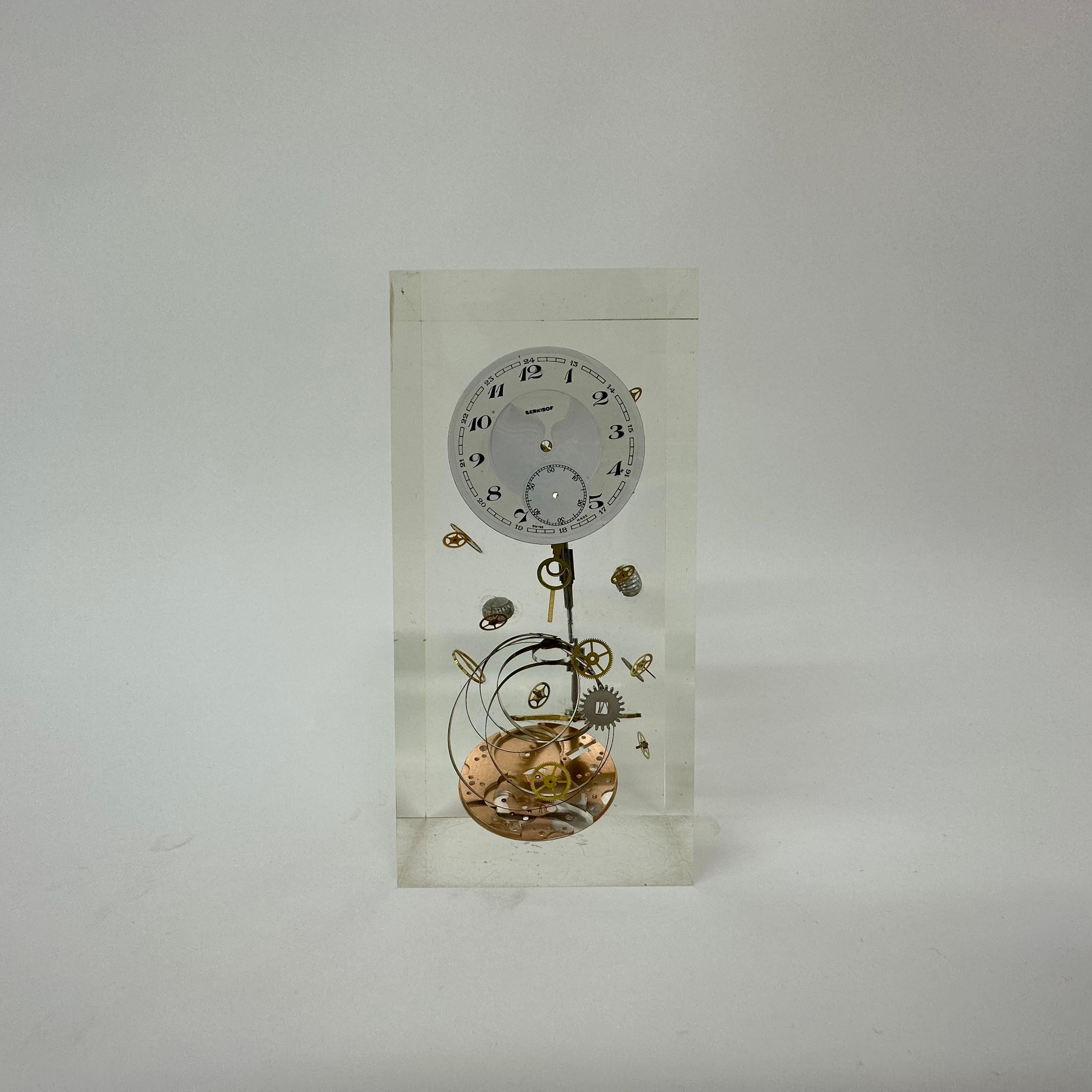 Glass Pierre Giraudon clock parts in lucite , 1970’s France For Sale