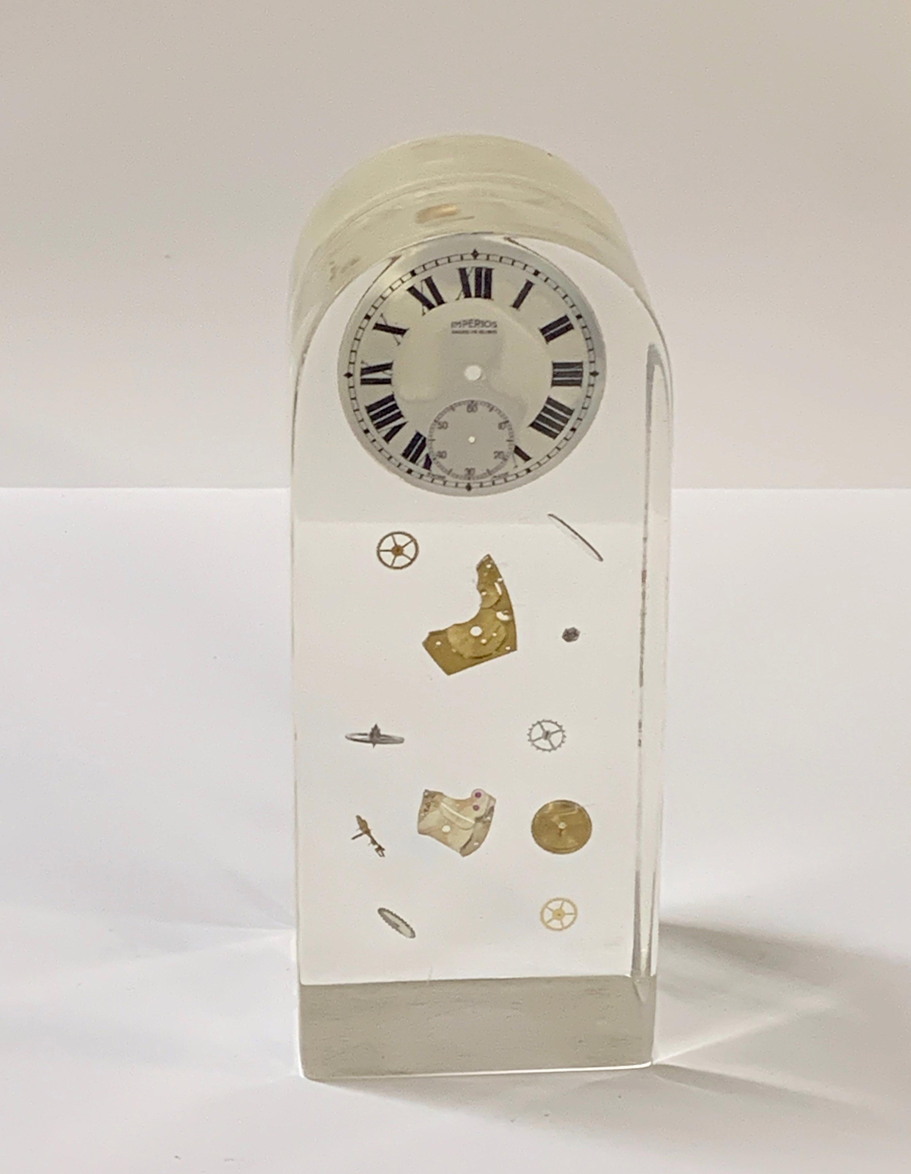 Mid-Century Modern Pierre Giraudon Cubic Lucite Resin French Exploded Clock Sculpture, 1970s