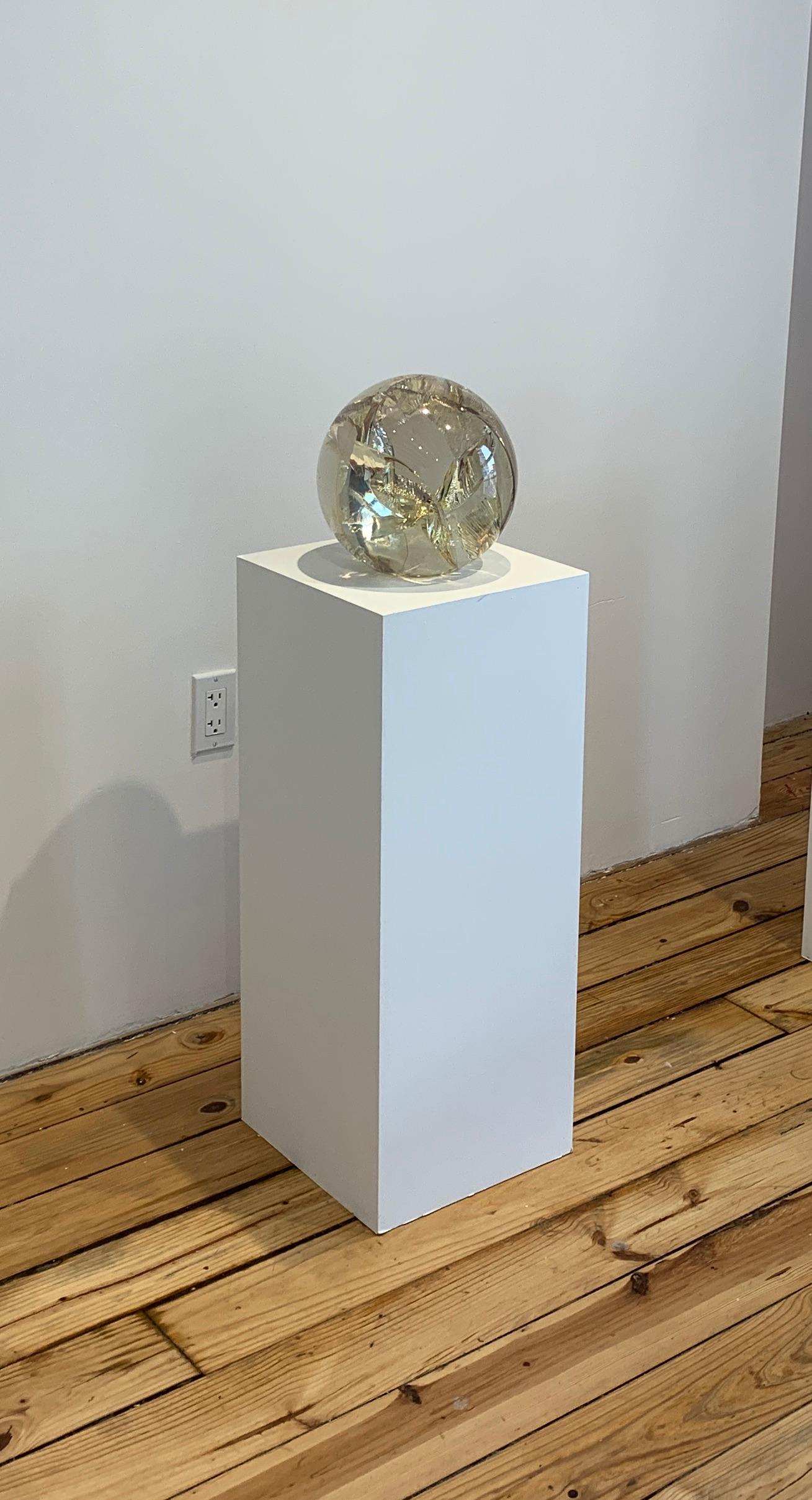 Fractured Resin Sphere, Acrylic Sculpture, Clear & Yellow Gold For Sale 11