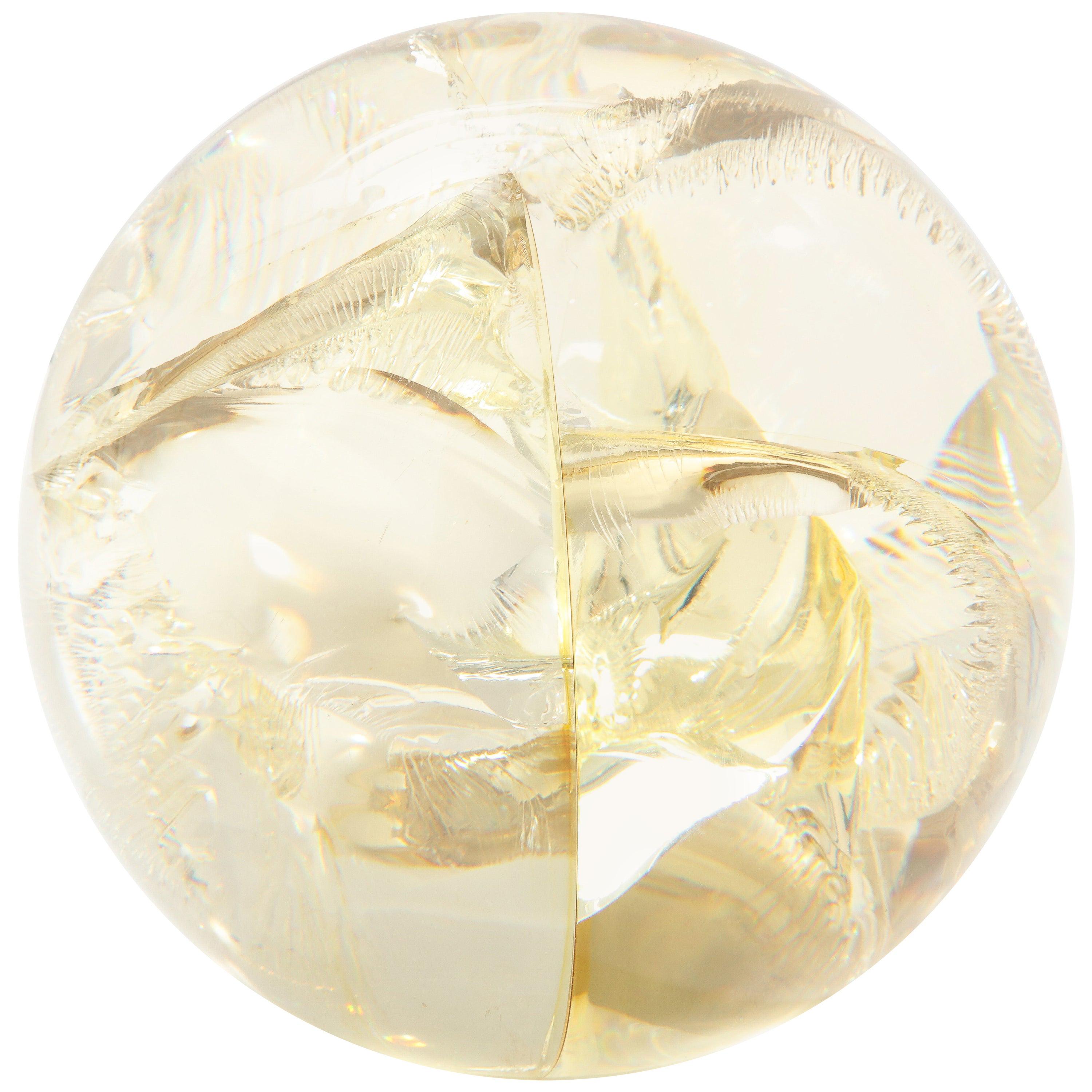 Fractured Resin Sphere, Acrylic Sculpture, Clear & Yellow Gold