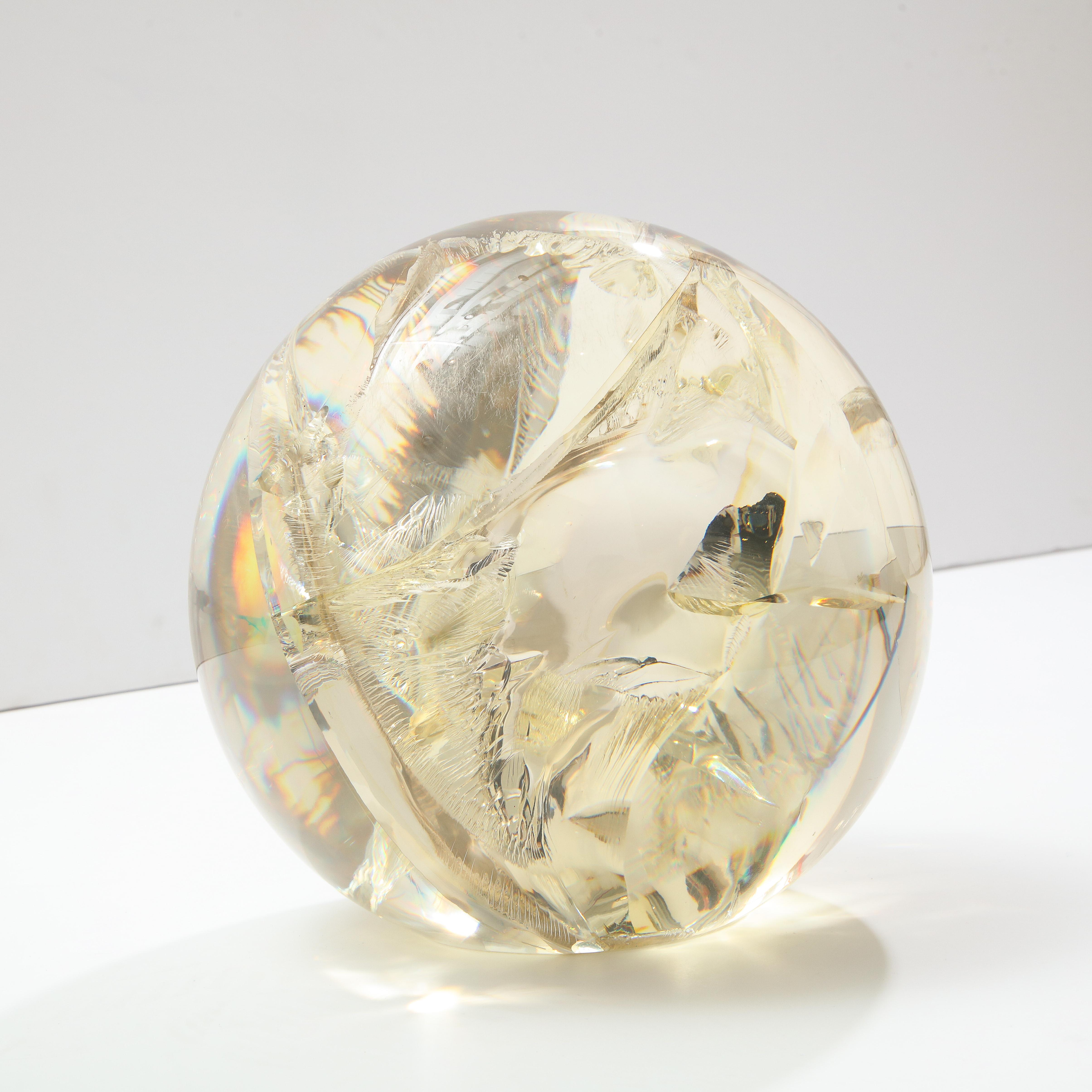 Fractured Resin Sphere, Acrylic Sculpture, Clear & Yellow Gold For Sale 4