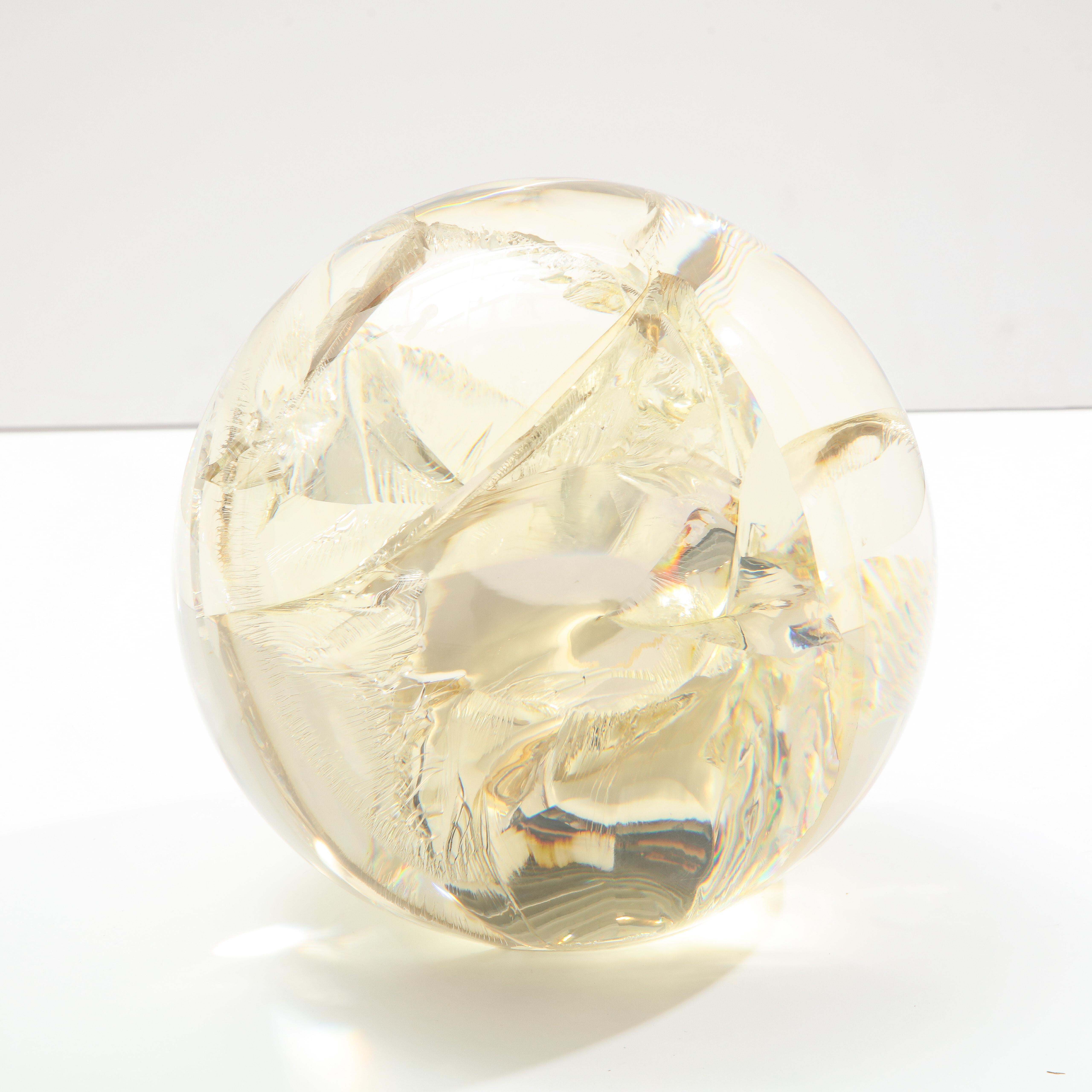 Fractured Resin Sphere, Acrylic Sculpture, Clear & Yellow Gold For Sale 5