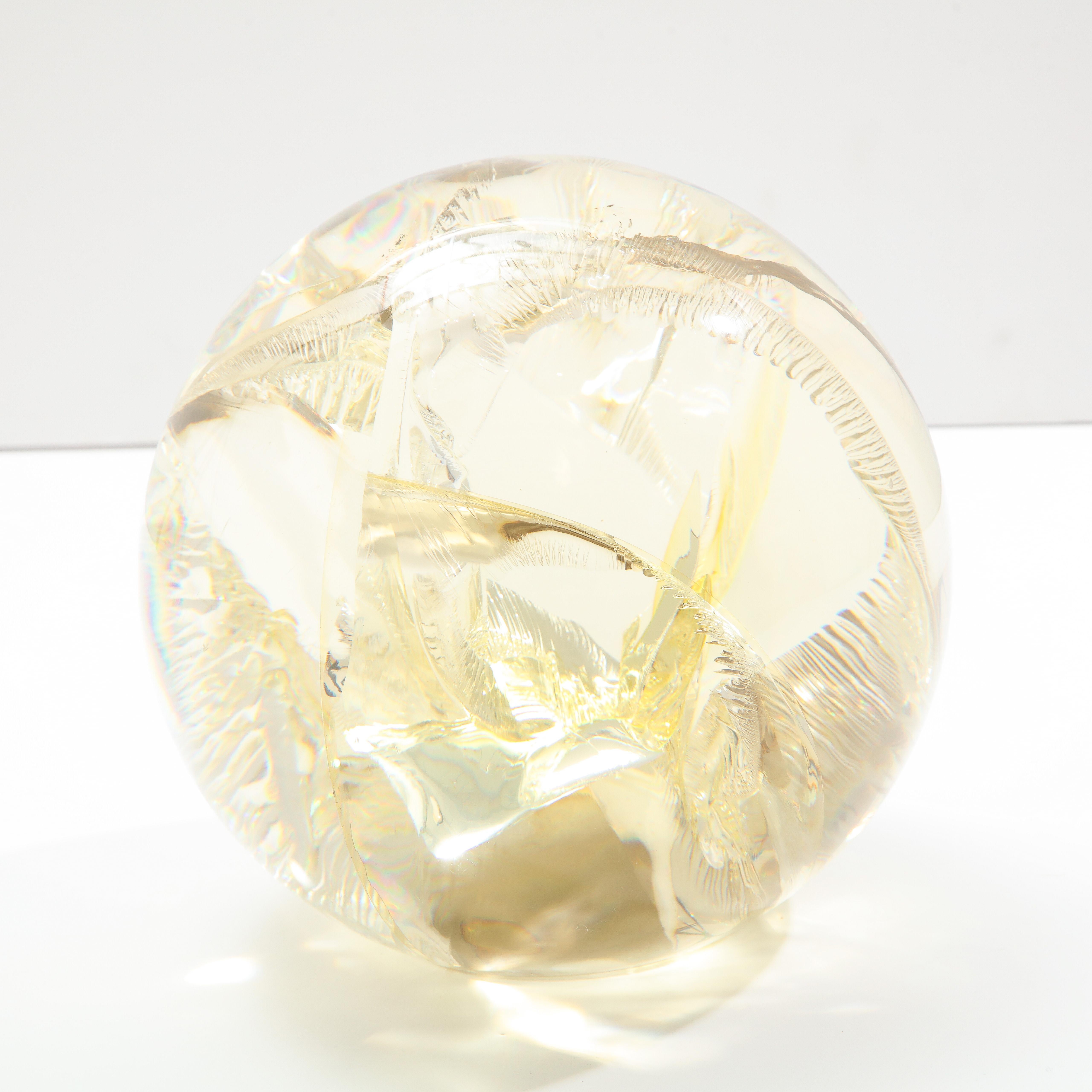 Fractured Resin Sphere, Acrylic Sculpture, Clear & Yellow Gold For Sale 6