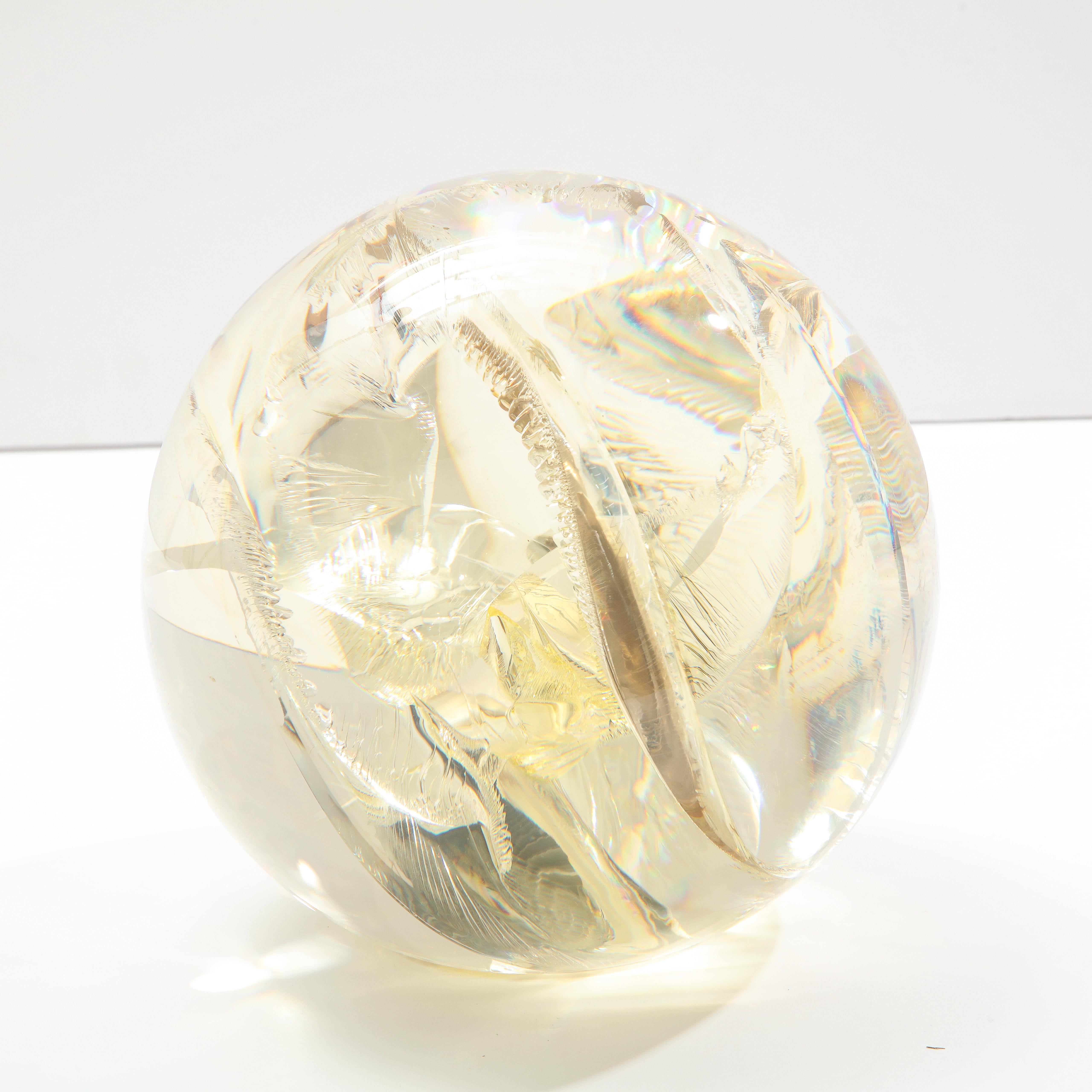 Fractured Resin Sphere, Acrylic Sculpture, Clear & Yellow Gold For Sale 8