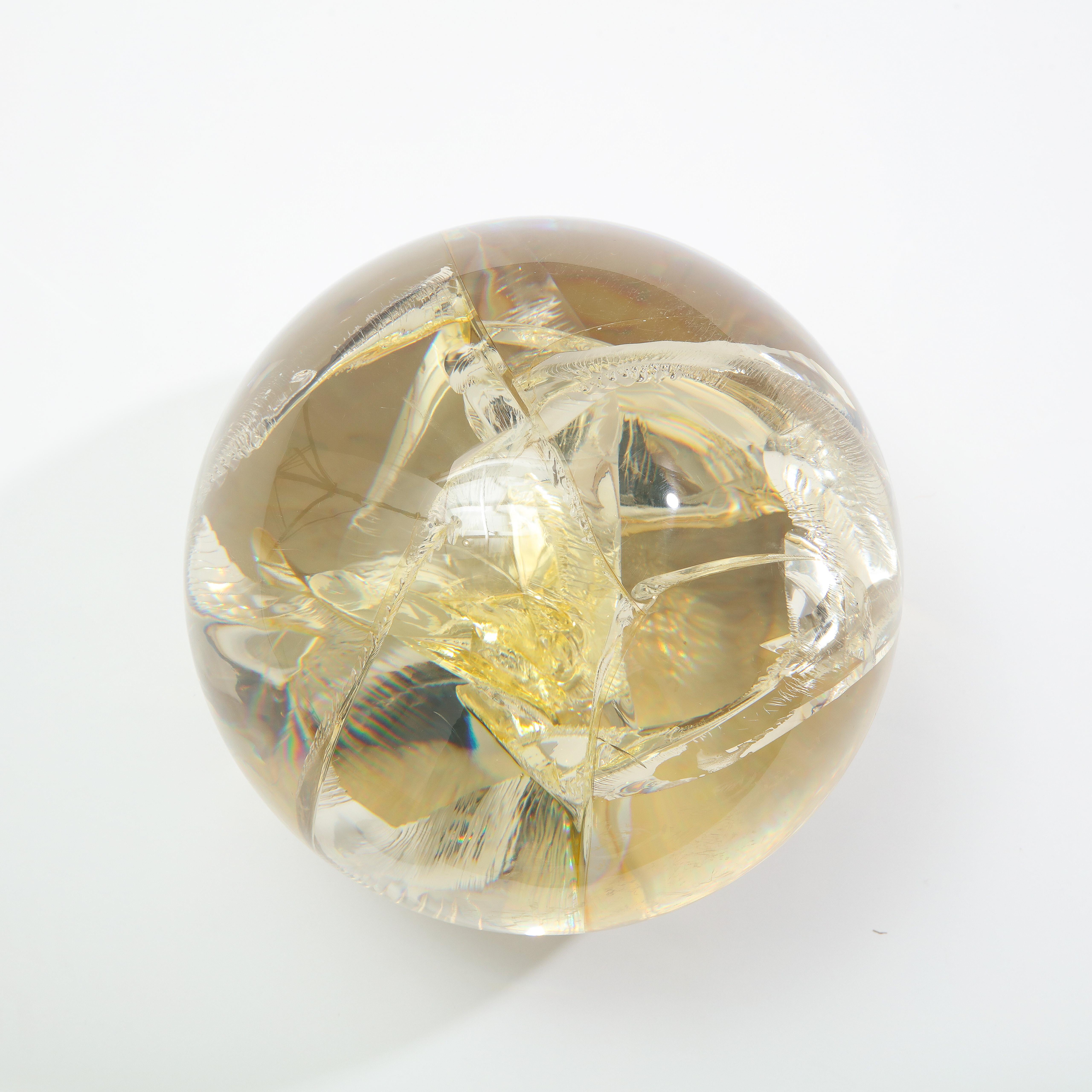 Fractured Resin Sphere, Acrylic Sculpture, Clear & Yellow Gold For Sale 9