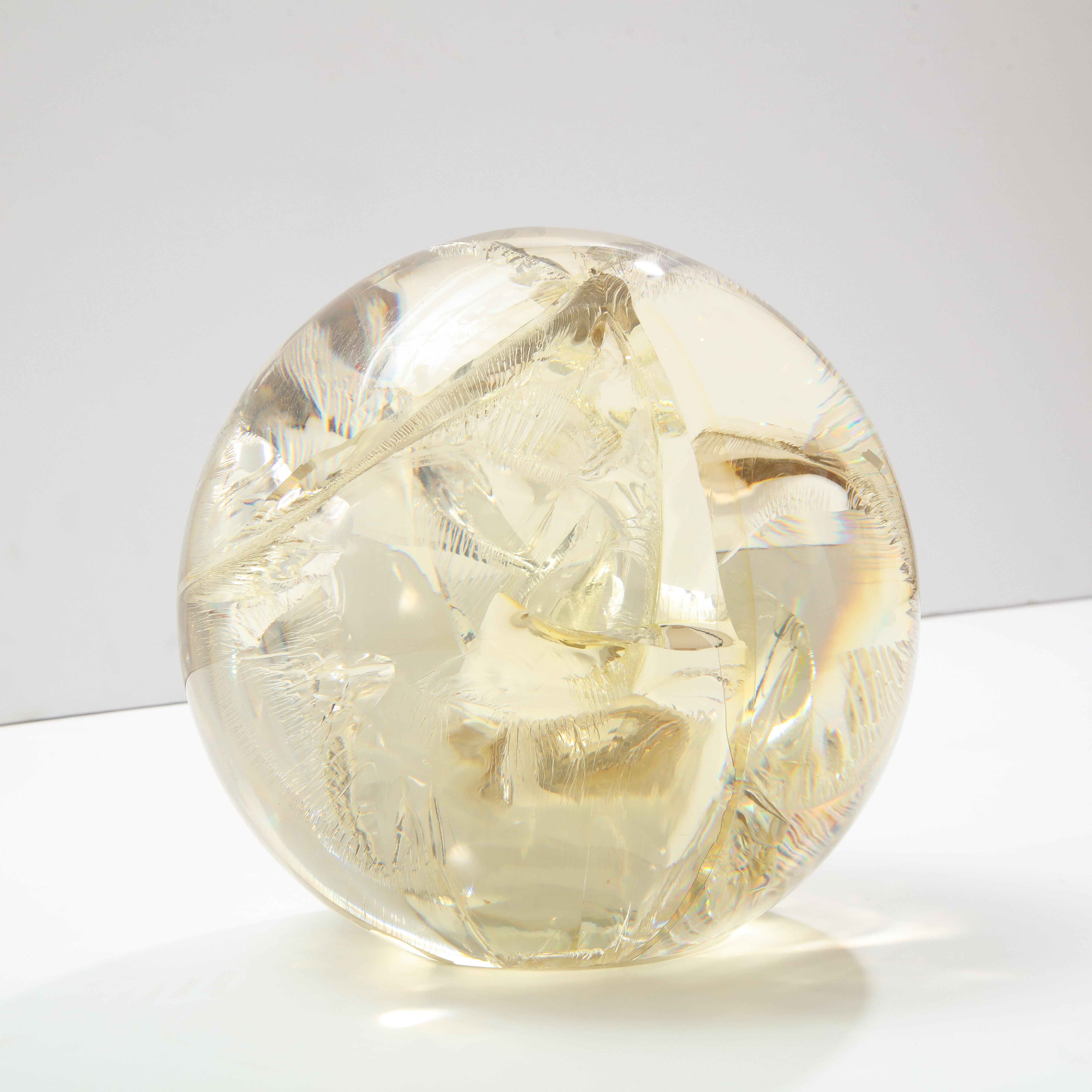 Mid-Century Modern Fractured Resin Sphere, Acrylic Sculpture, Clear & Yellow Gold For Sale