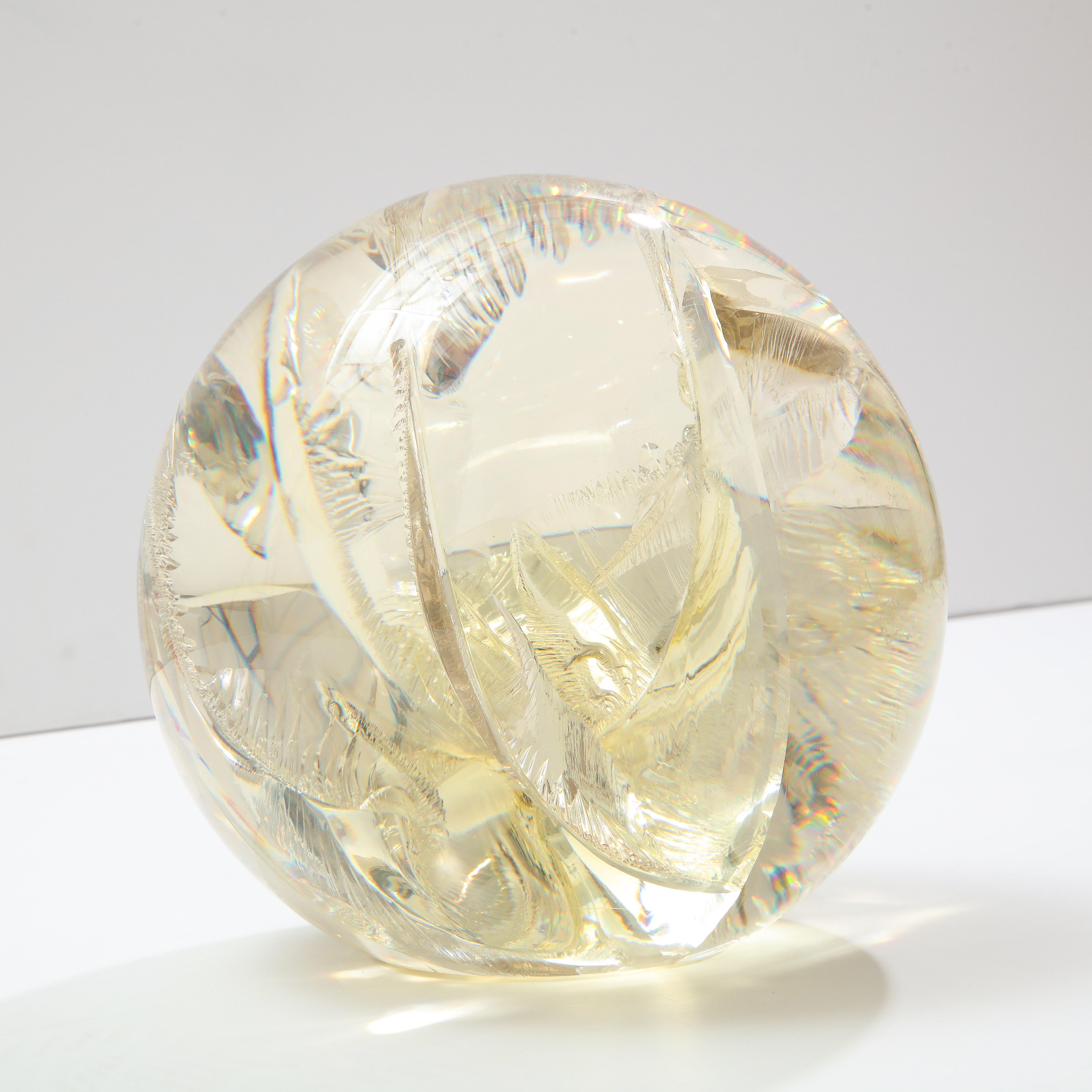 Fractured Resin Sphere, Acrylic Sculpture, Clear & Yellow Gold In Good Condition For Sale In New York, NY