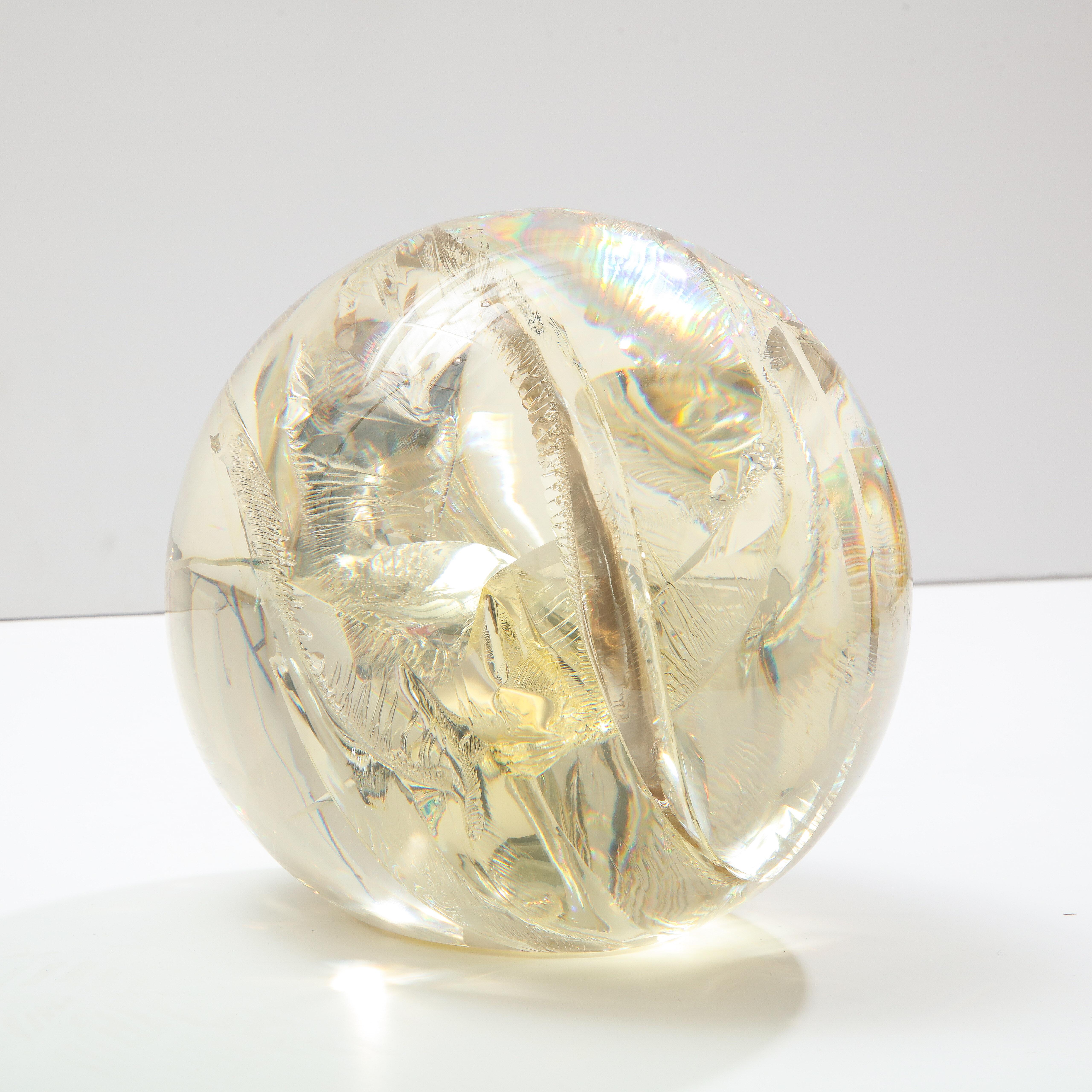 Fractured Resin Sphere, Acrylic Sculpture, Clear & Yellow Gold For Sale 2