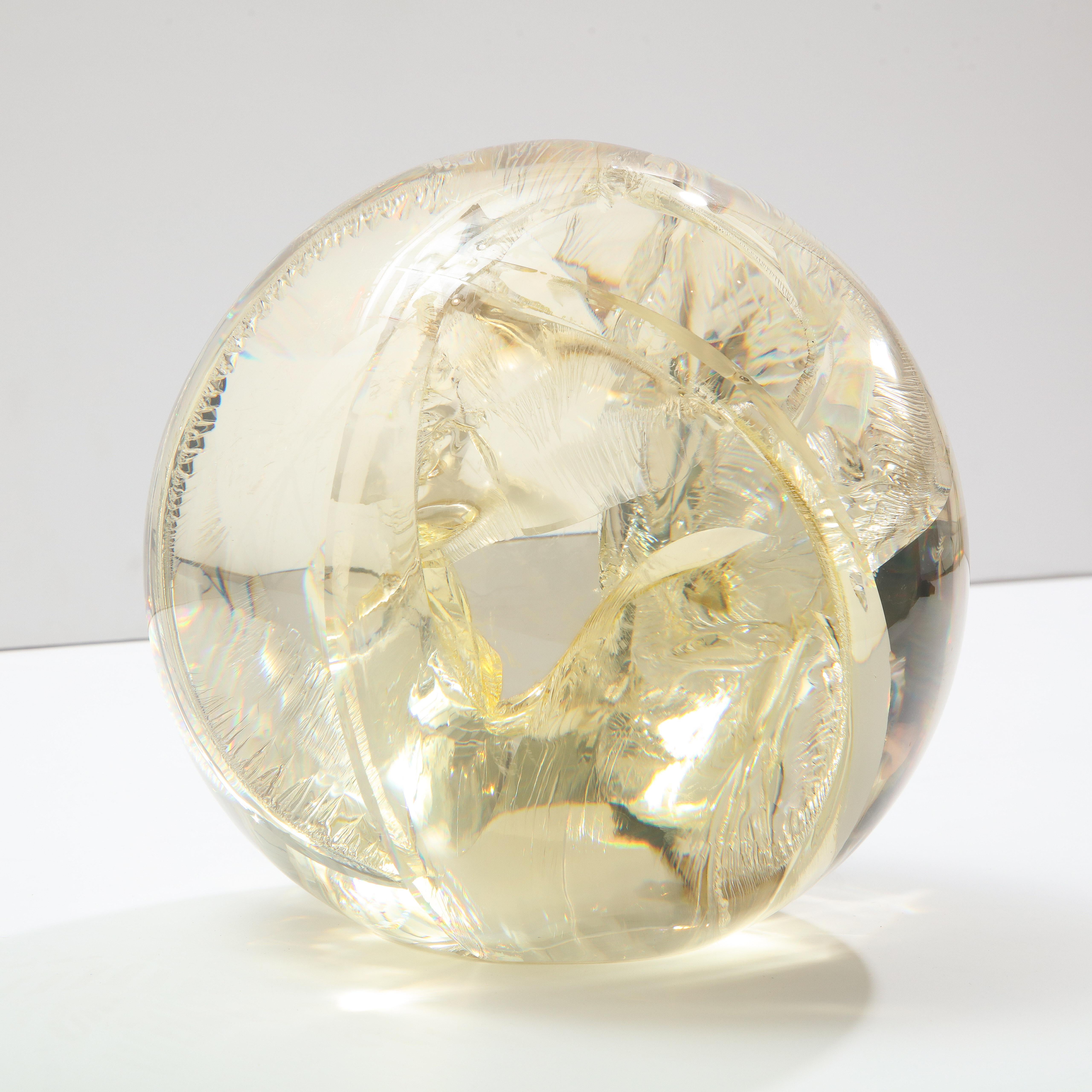 Fractured Resin Sphere, Acrylic Sculpture, Clear & Yellow Gold For Sale 3