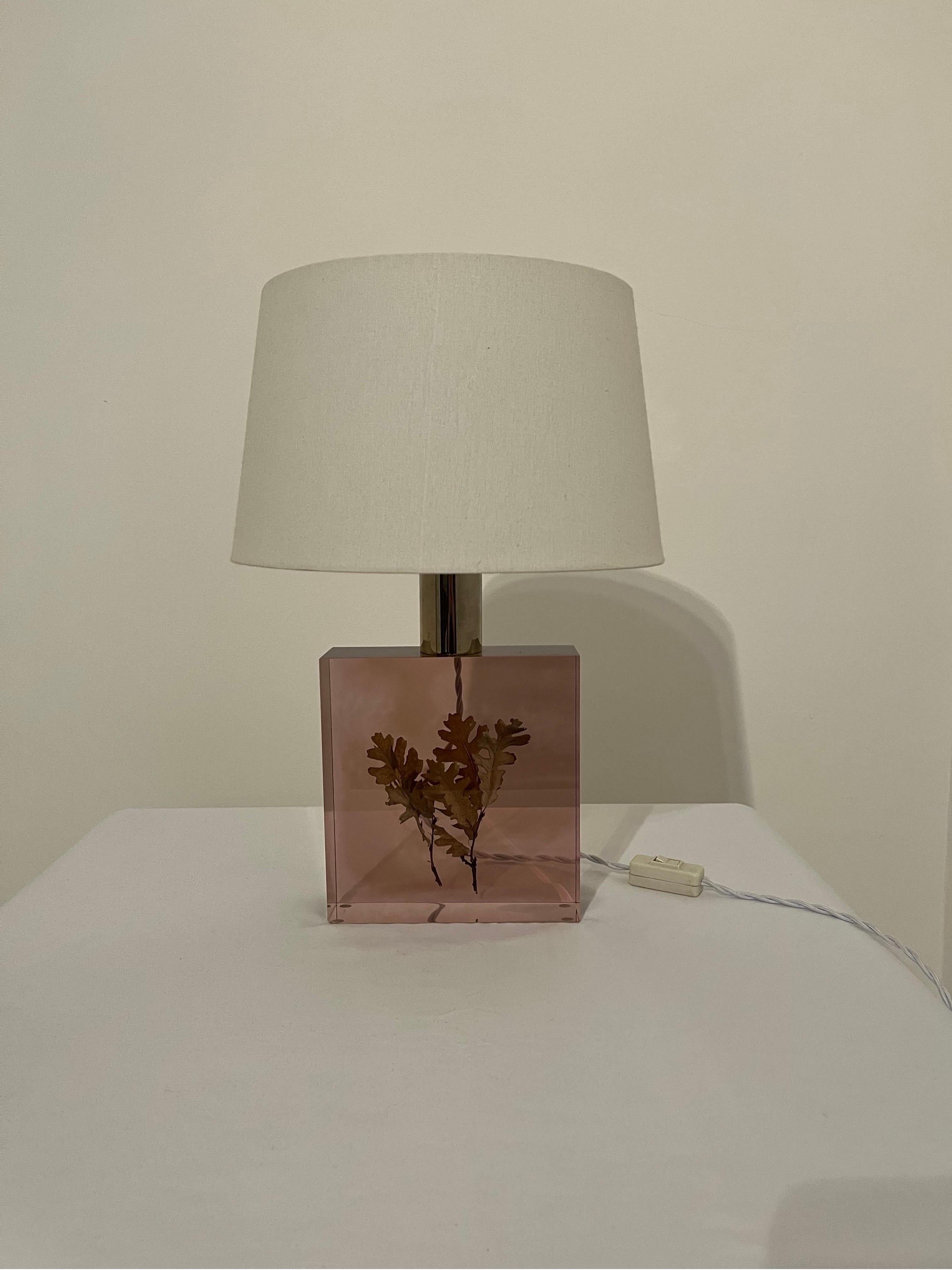 Lucite table lamp with leaf inclusion by Pierre Giraudon France 

Wired with white flex and UK plug. 
Shade not included in sale. 

Excellent overall condition, one very small chip to left front corner shown. 