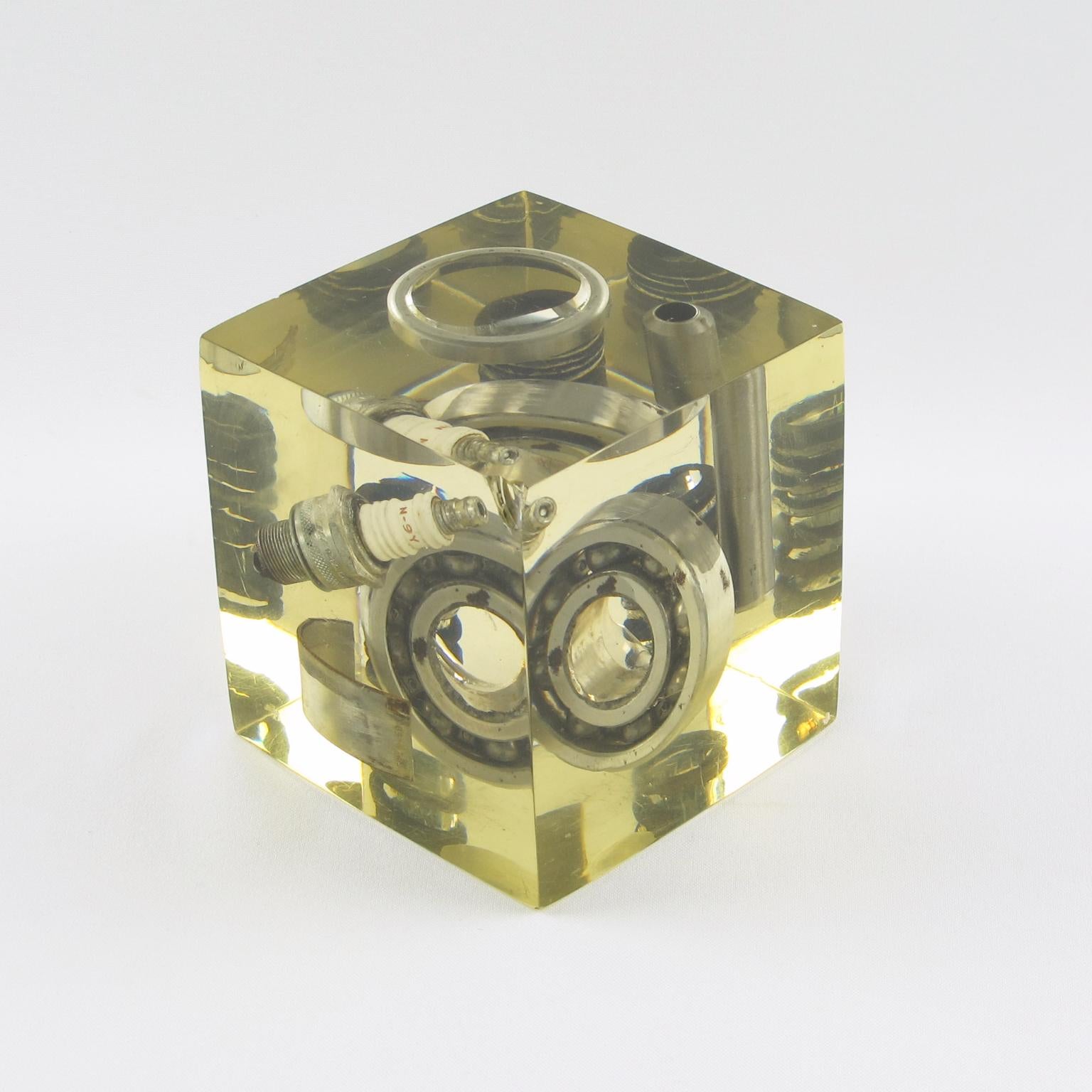 Pierre Giraudon Resin Cube Sculpture Paperweight with Car Parts Inclusions 1970s For Sale 3