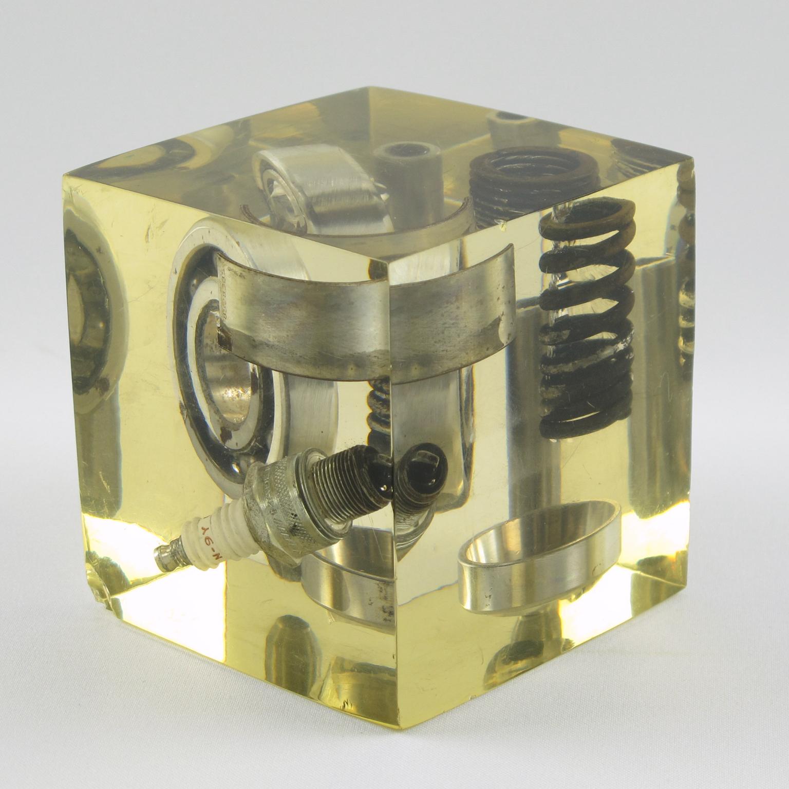 French Pierre Giraudon Resin Cube Sculpture Paperweight with Car Parts Inclusions 1970s For Sale