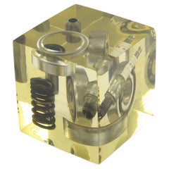 Pierre Giraudon Resin Cube Sculpture Paperweight with Car Parts Inclusions