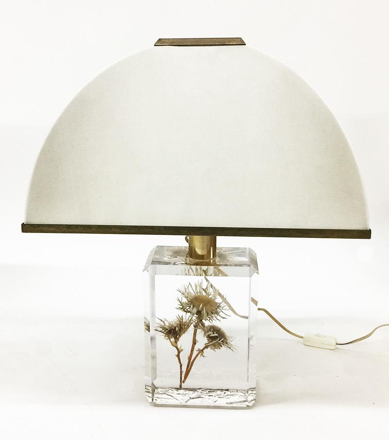 Lucite Pierre Giraudon Resin Cube with Three-Thistle Table Lamp, 1970s