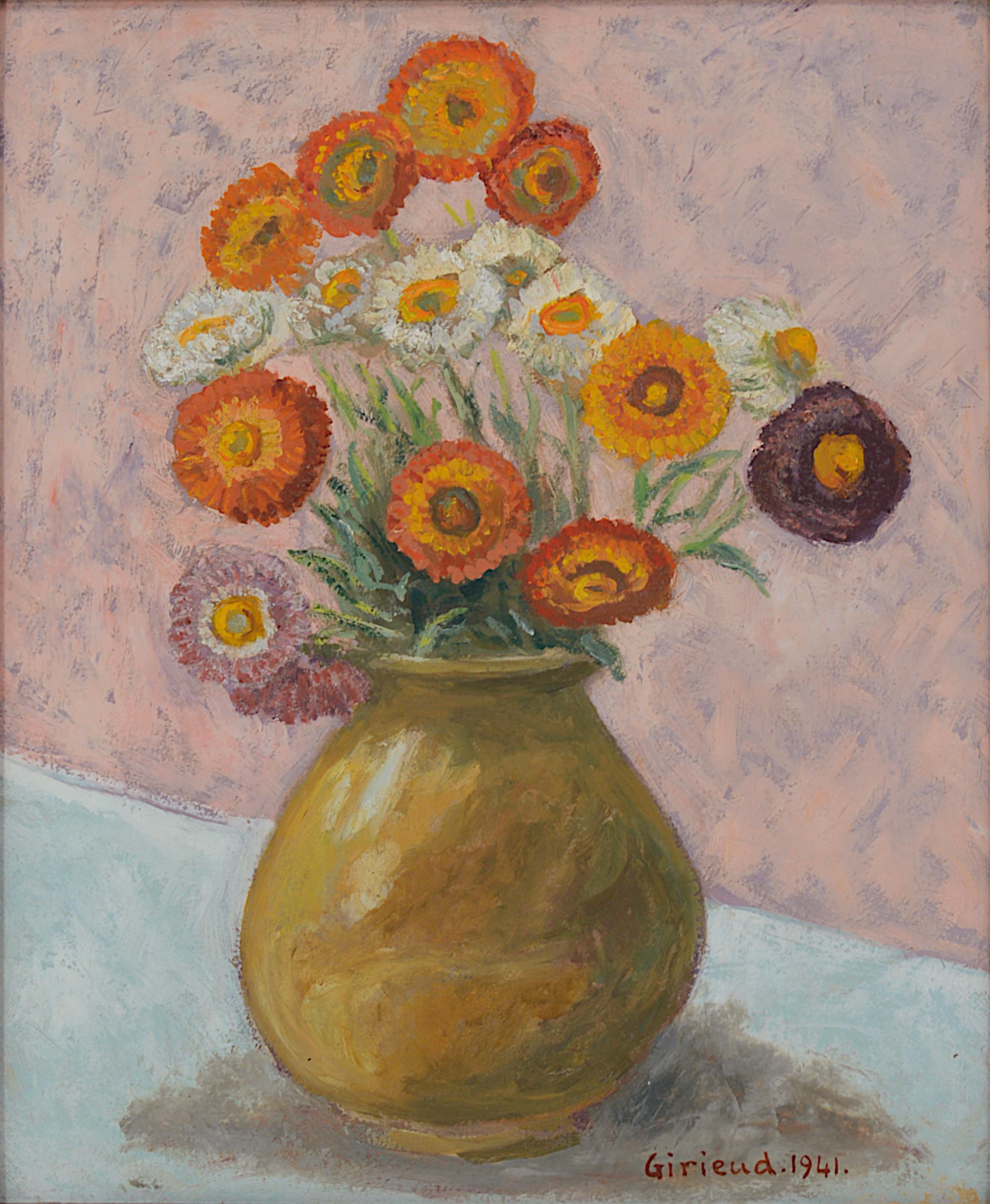 Pierre GIRIEUD, Vase of Flowers, Marigolds, Oil on Cardboard, 1941 - Painting by Pierre Girieud