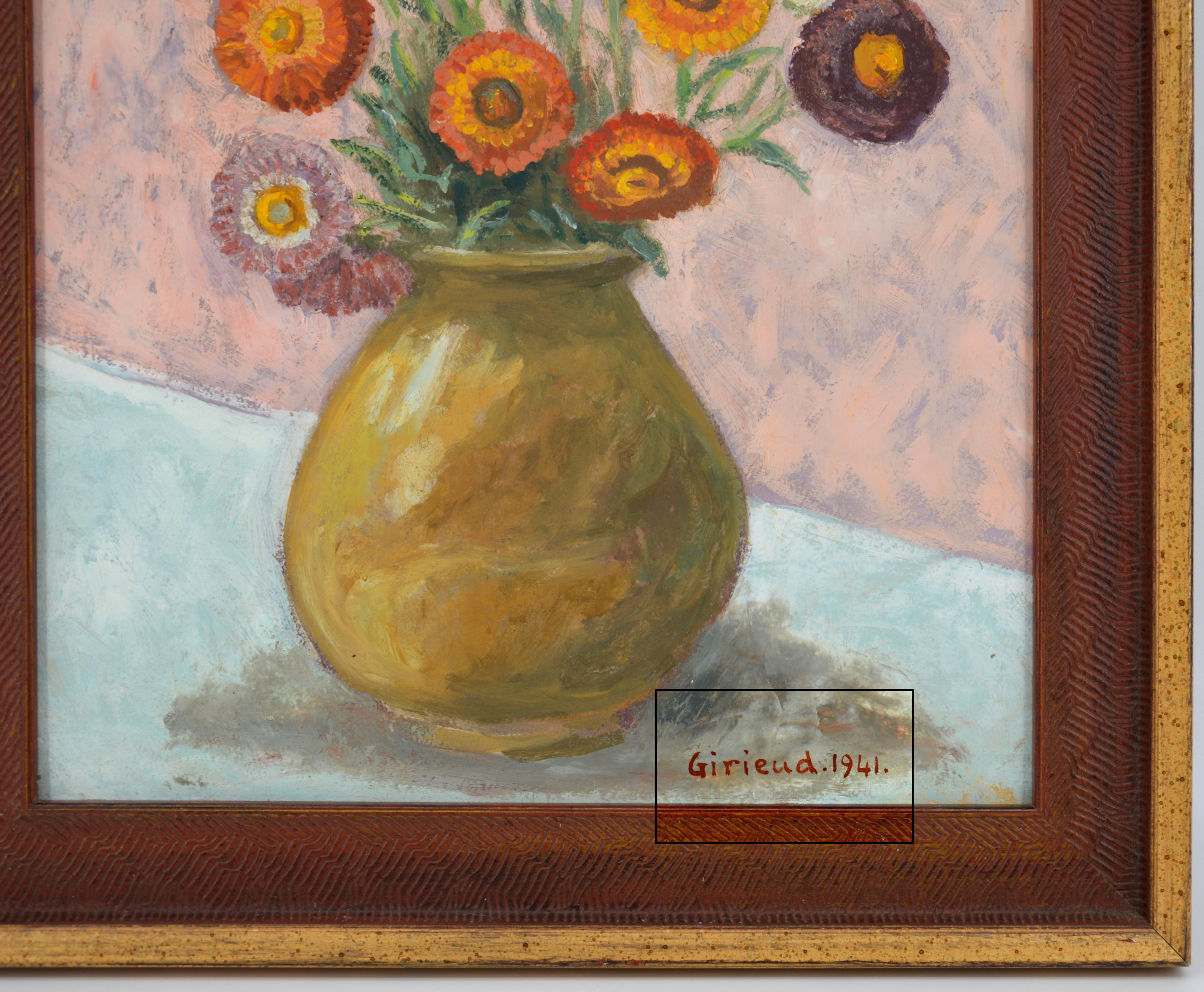 Pierre GIRIEUD, Vase of Flowers, Marigolds, Oil on Cardboard, 1941 - French School Painting by Pierre Girieud