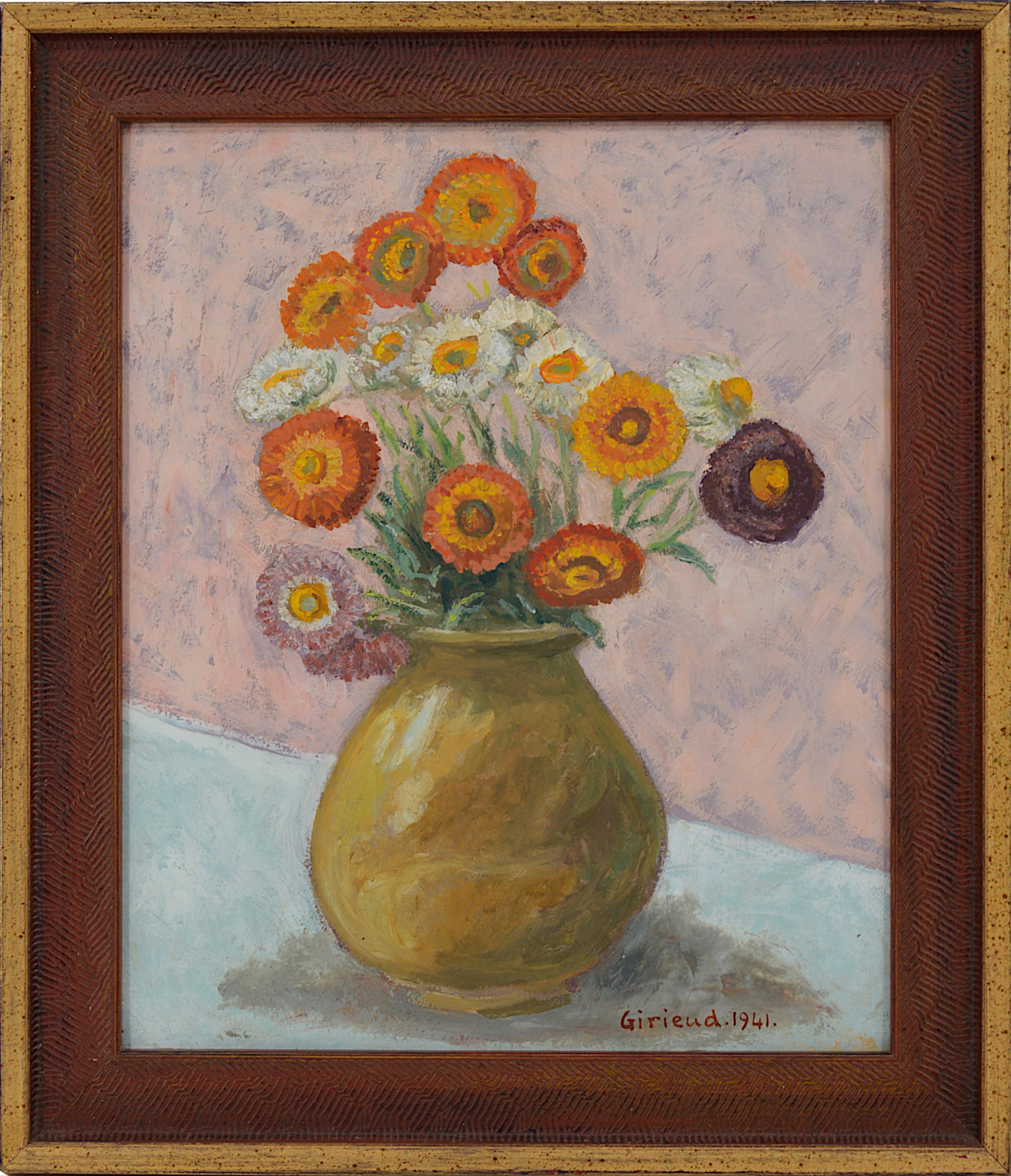Pierre GIRIEUD, Vase de Fleurs, Ornements Marigolds, Huile sur Carton, 1941