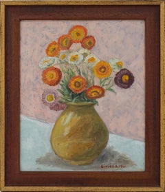 Vintage Pierre GIRIEUD, Vase of Flowers, Marigolds, Oil on Cardboard, 1941