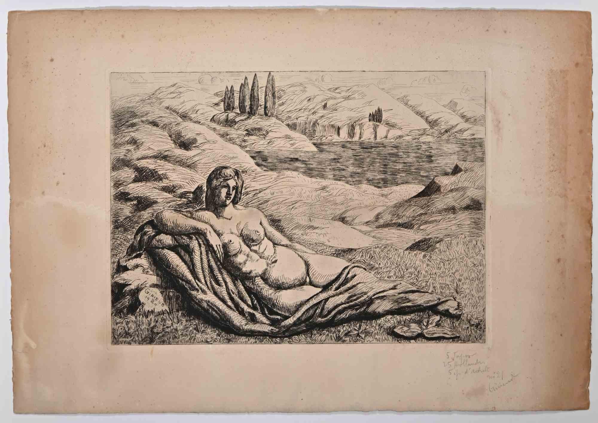 Etching realized by Pierre Girieud (1876-1940).

Good condition with foxing, on a yellowed paper included a white cardboard passpartout (50 x 70 cm).

Hand signed on the lower right corner.

Pierre Girieud was a French painter (Marseille 1875 -