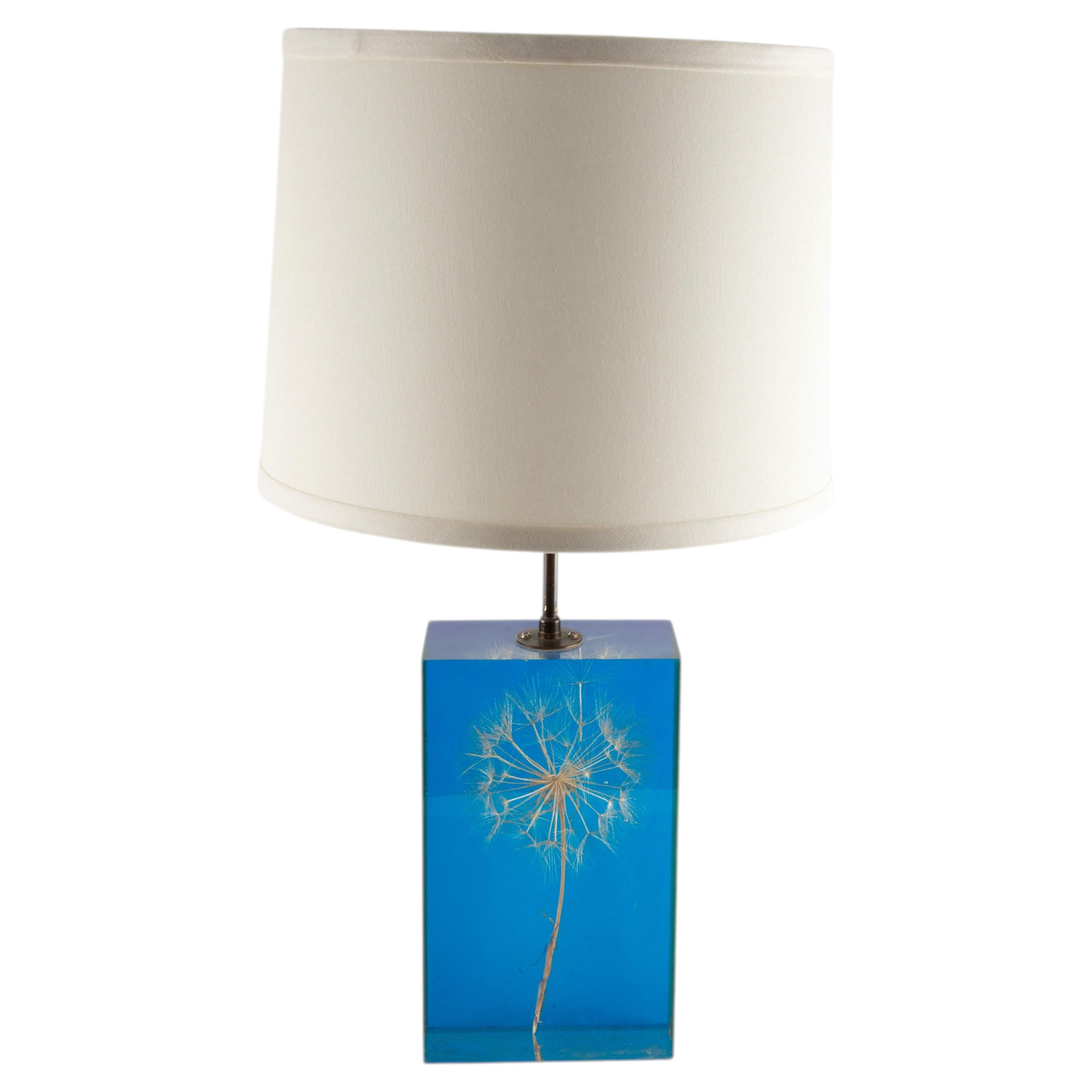 Pierre Giroudon Blue Lucite Lamp with Encapsulated Dandelion, circa 1970 For Sale