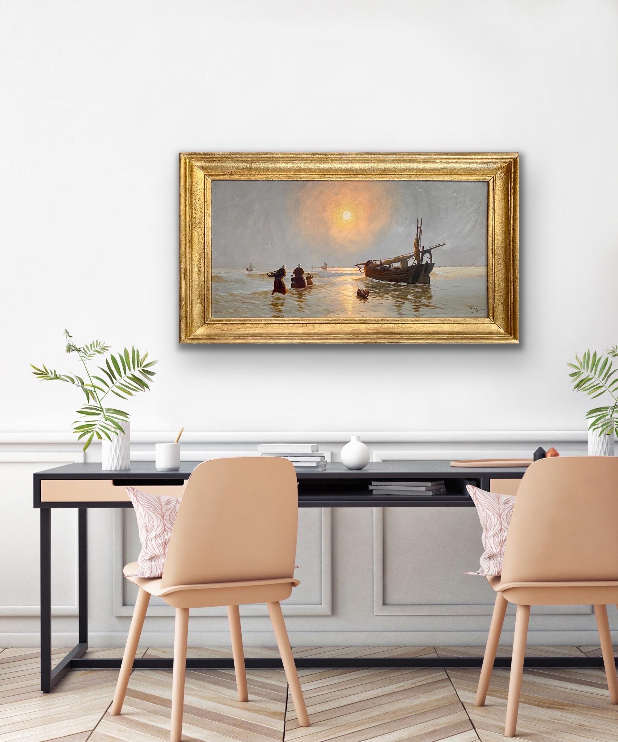 Large French painting Sunset over the beach by Pierre Godar, ca. 1950s

Wonderful and vibrant French impressionist painting depicting a sunset over a French beach. Fishermen can be seen returning home in the distance while fisherwomen and their