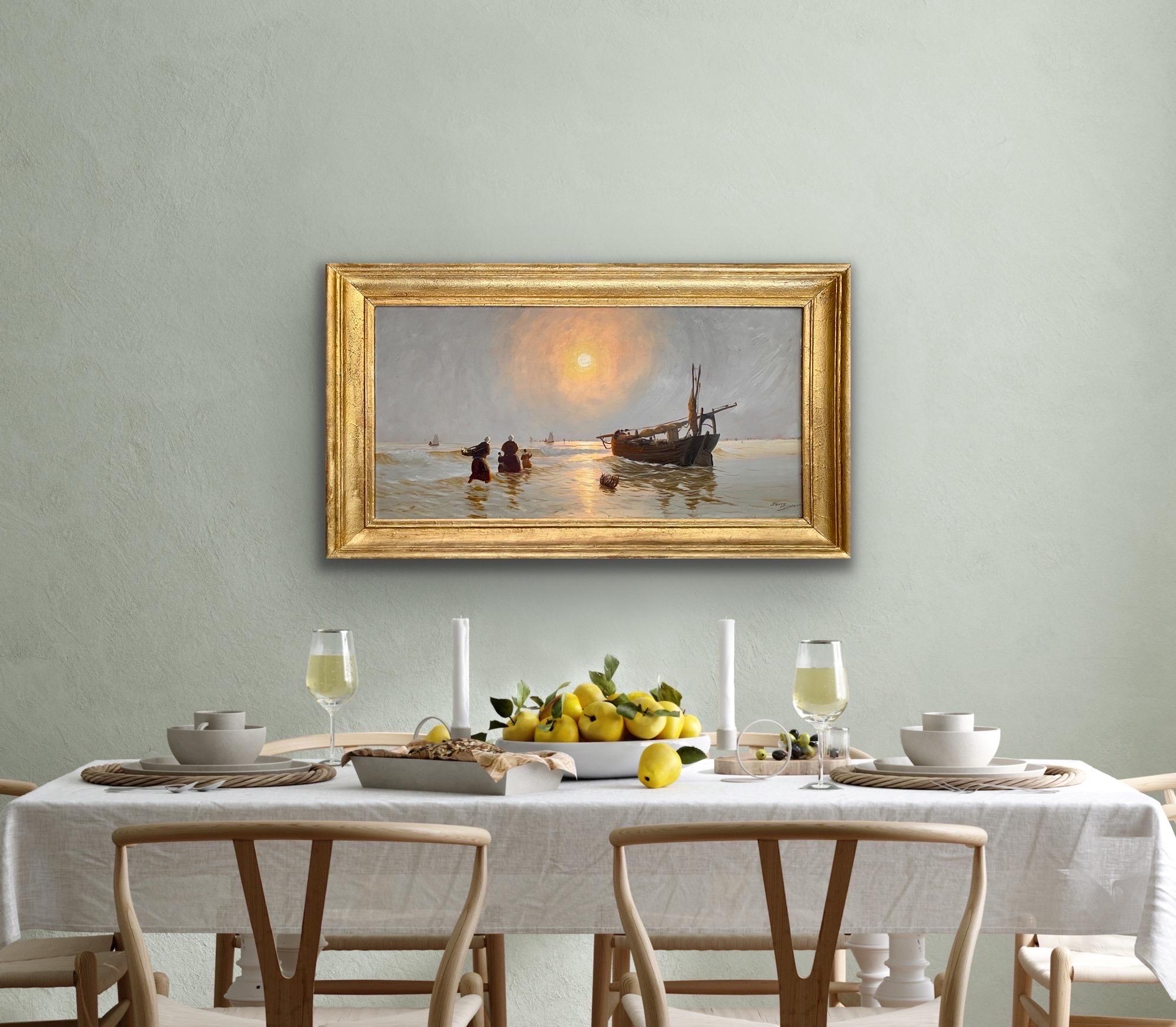 Tableau post-impressionniste français - Pêcheurs rentrant chez eux au coucher du soleil - Mer 3