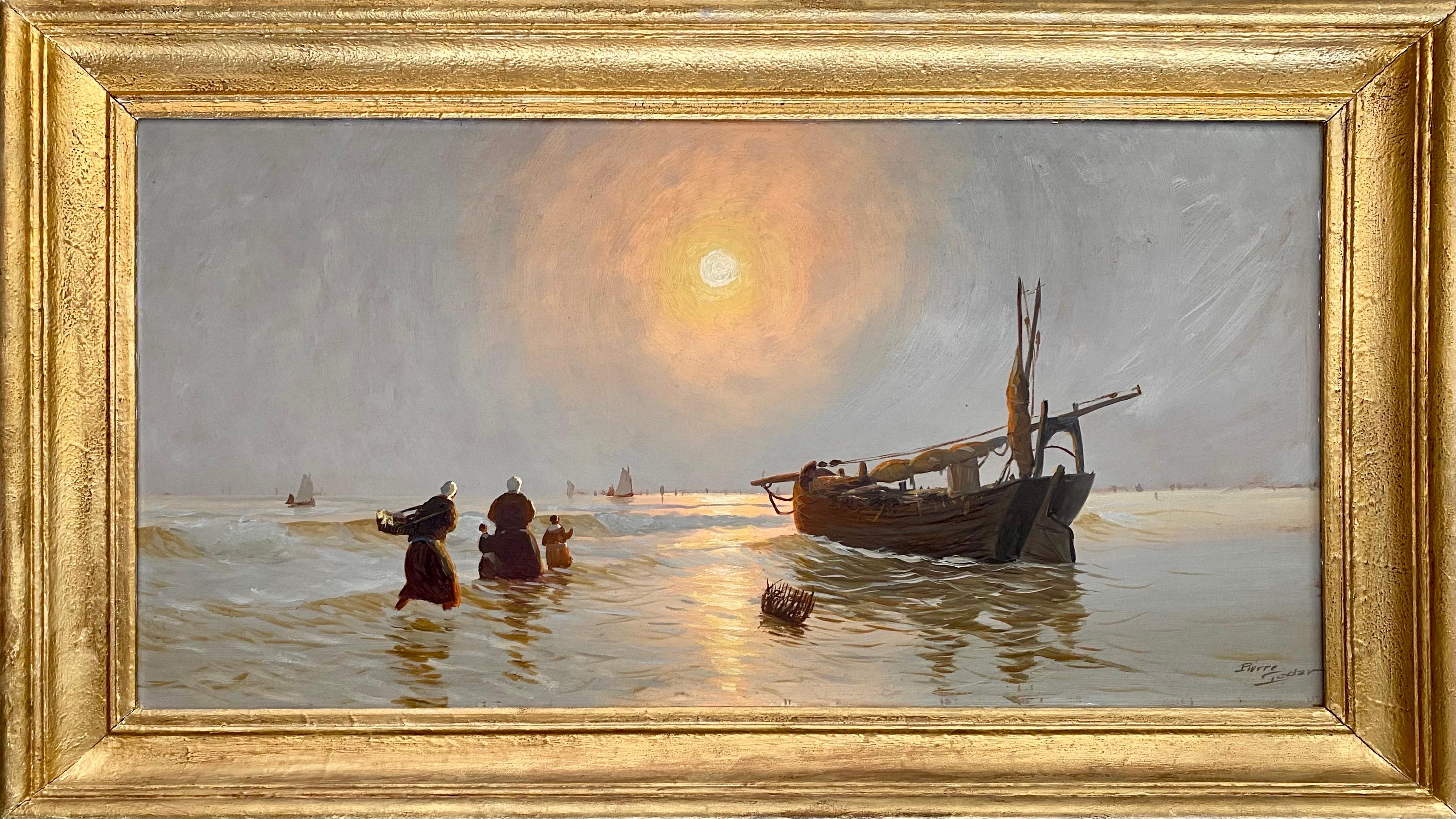 Pierre Godar Landscape Painting - French Post Impressionist painting - Fishermen returning home at sunset - Sea 