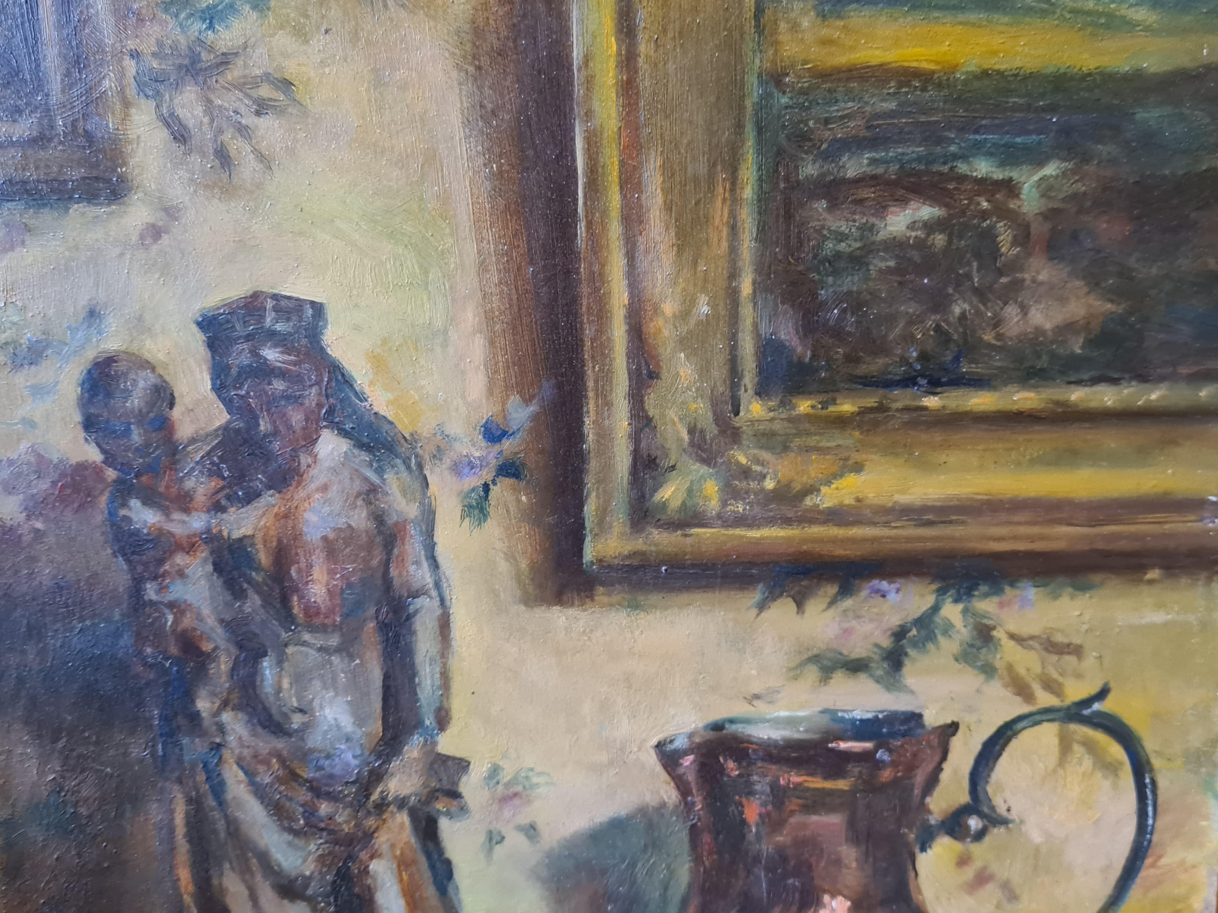 Late 19th Century allegorical oil on board still life interior scene, signed bottom right, P Gonnard (see photo). Presented in fine 'Montparnasse' frame. 

A very charming rendition of a collection of objects on a table. The artist has captured all
