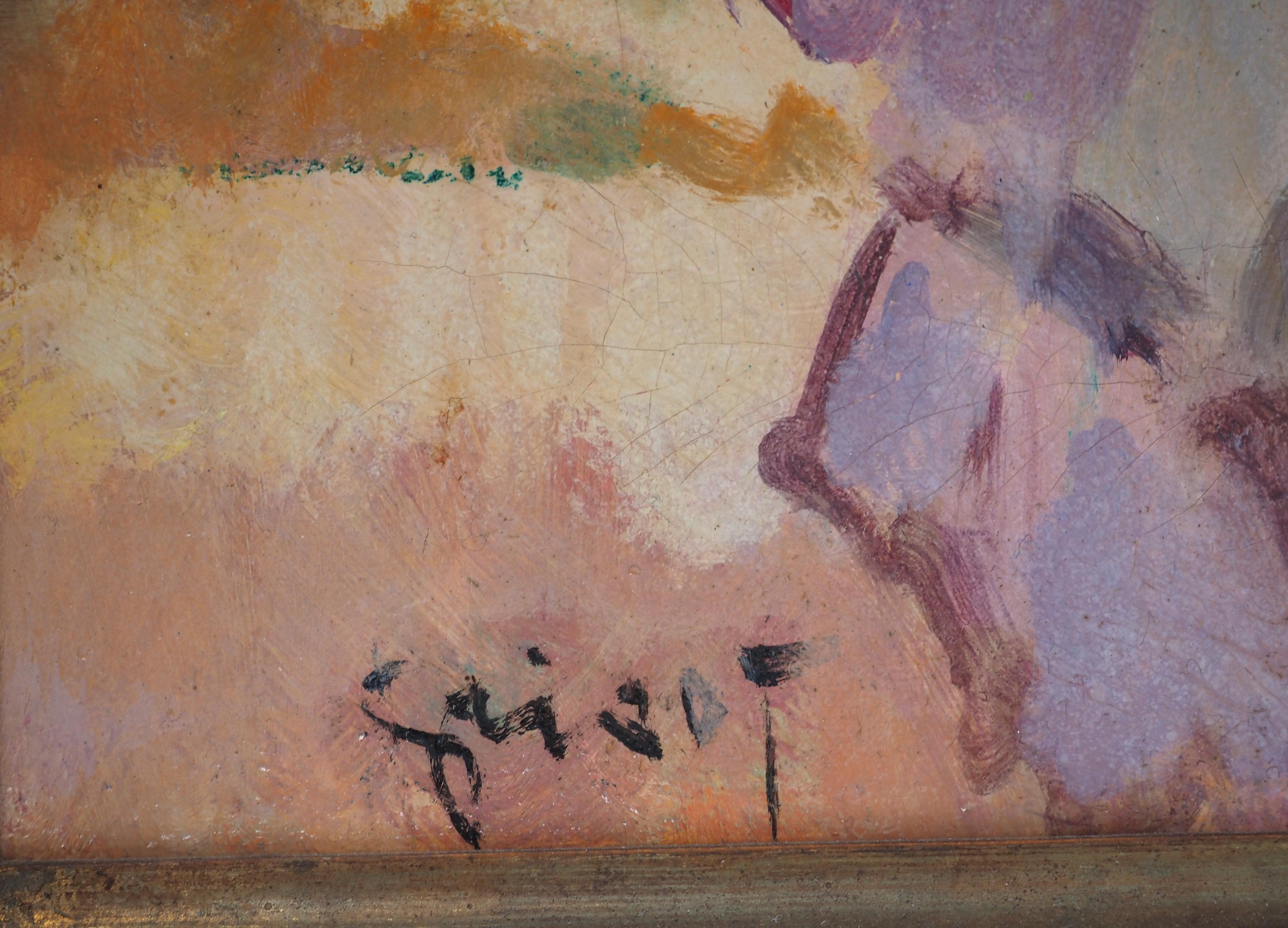 Une femme élégante près de Notre Dame de Paris - Huile sur toile originale, signée - Painting de Pierre Grisot
