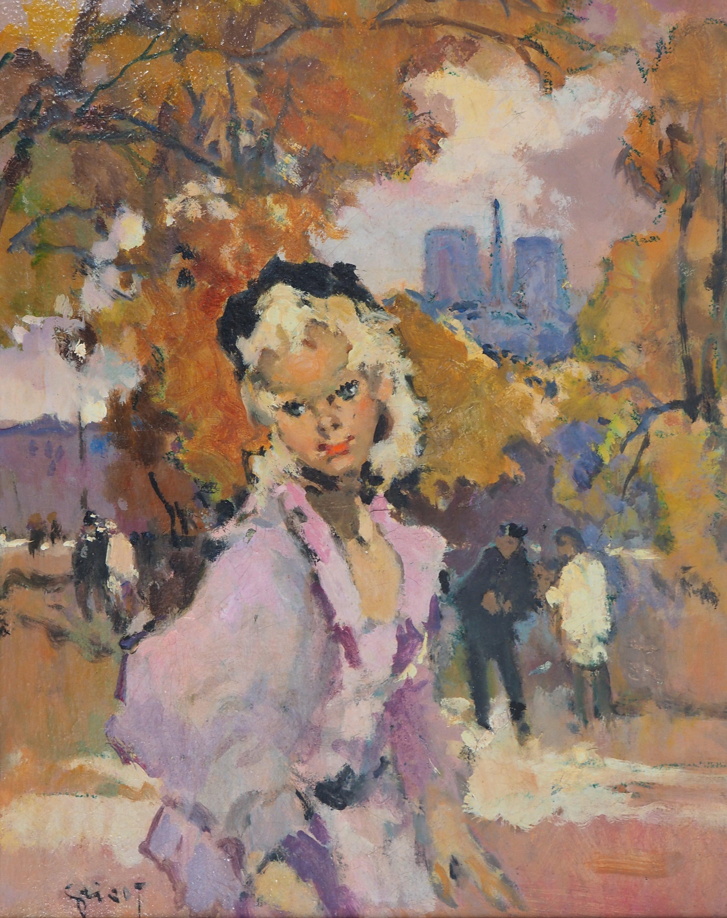 Une femme élégante près de Notre Dame de Paris - Huile sur toile originale, signée - Moderne Painting par Pierre Grisot
