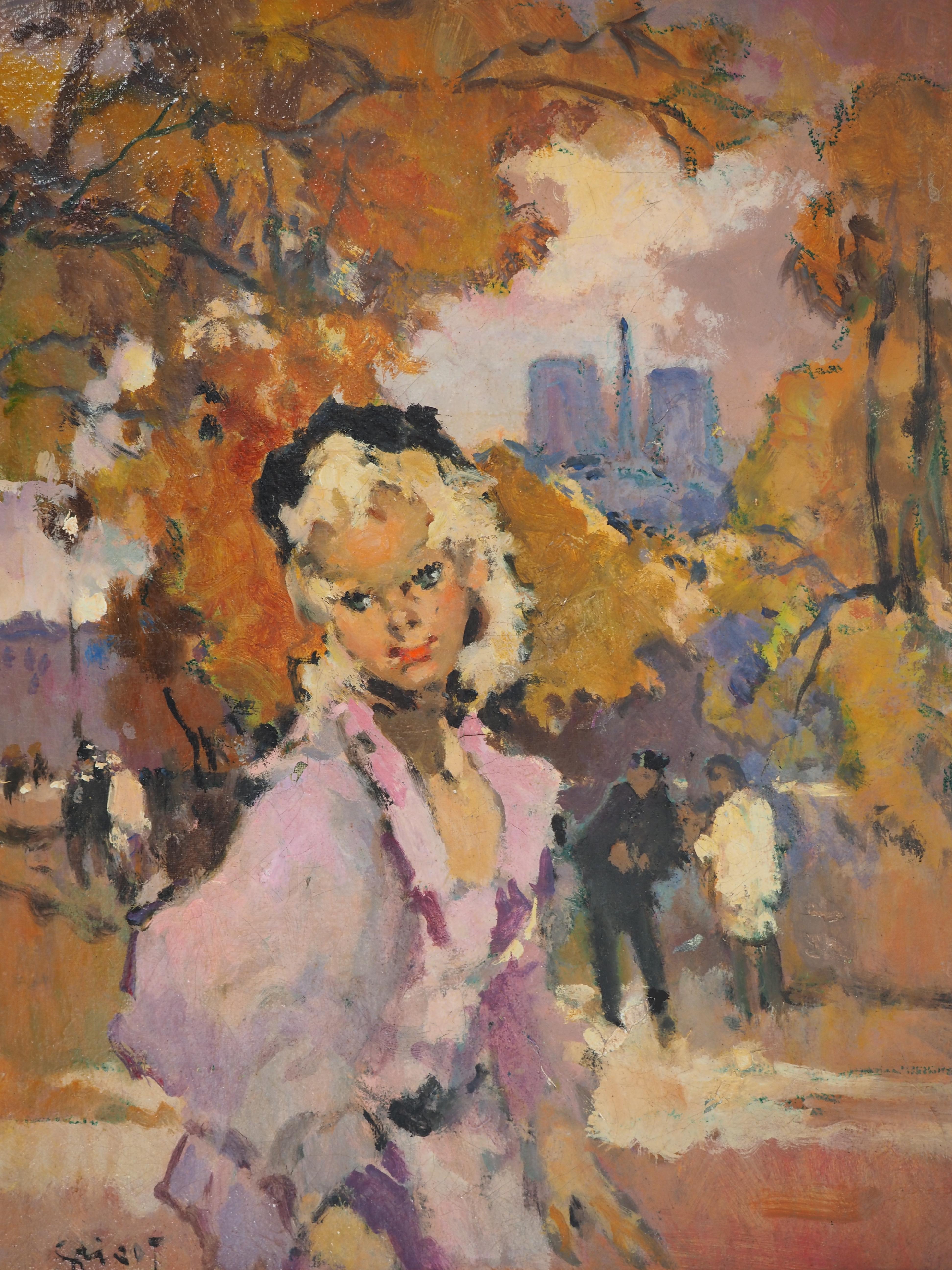 Pierre GRISOT (1911-1995)
Femme Elegante près de Notre Dame de Paris, 1978

Huile originale sur toile
Signé en bas à droite
Signé, titré et daté au dos.
Sur toile 46 x 38 cm (18 x 15 in)
Présentée dans un cadre en bois doré (DELF) 63 x 55 cm (c. 25