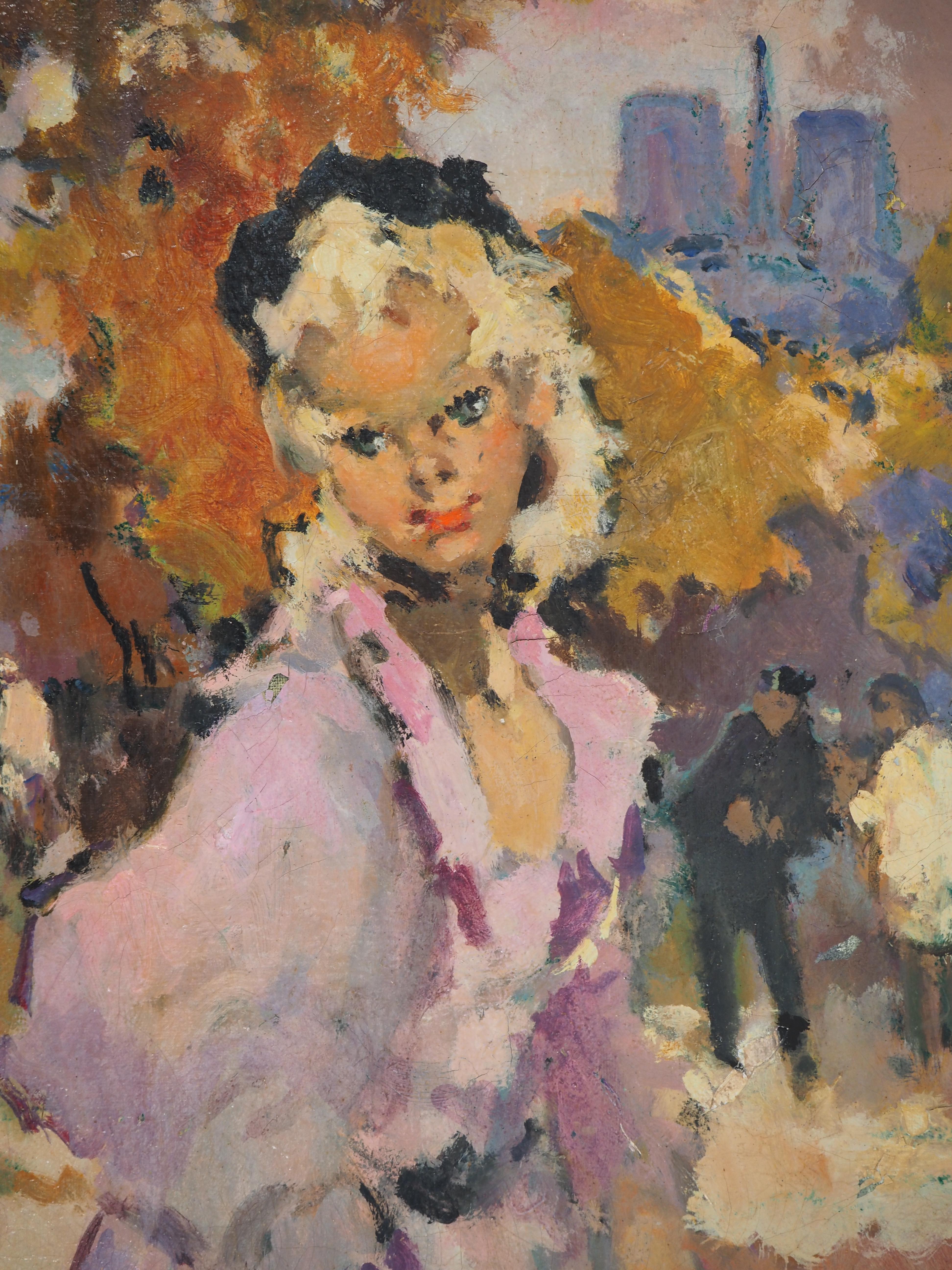 Une femme élégante près de Notre Dame de Paris - Huile sur toile originale, signée 1