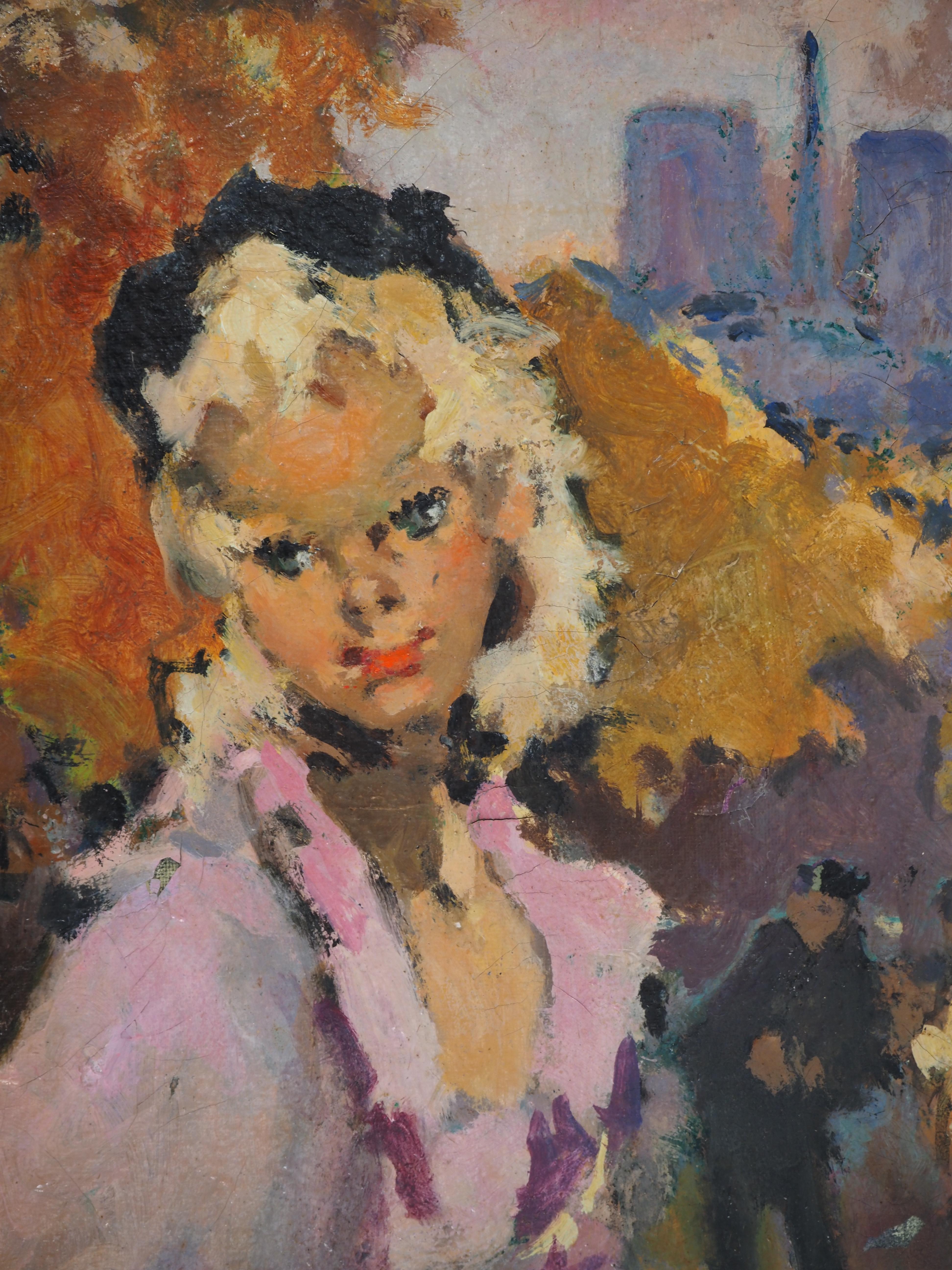 Une femme élégante près de Notre Dame de Paris - Huile sur toile originale, signée 2