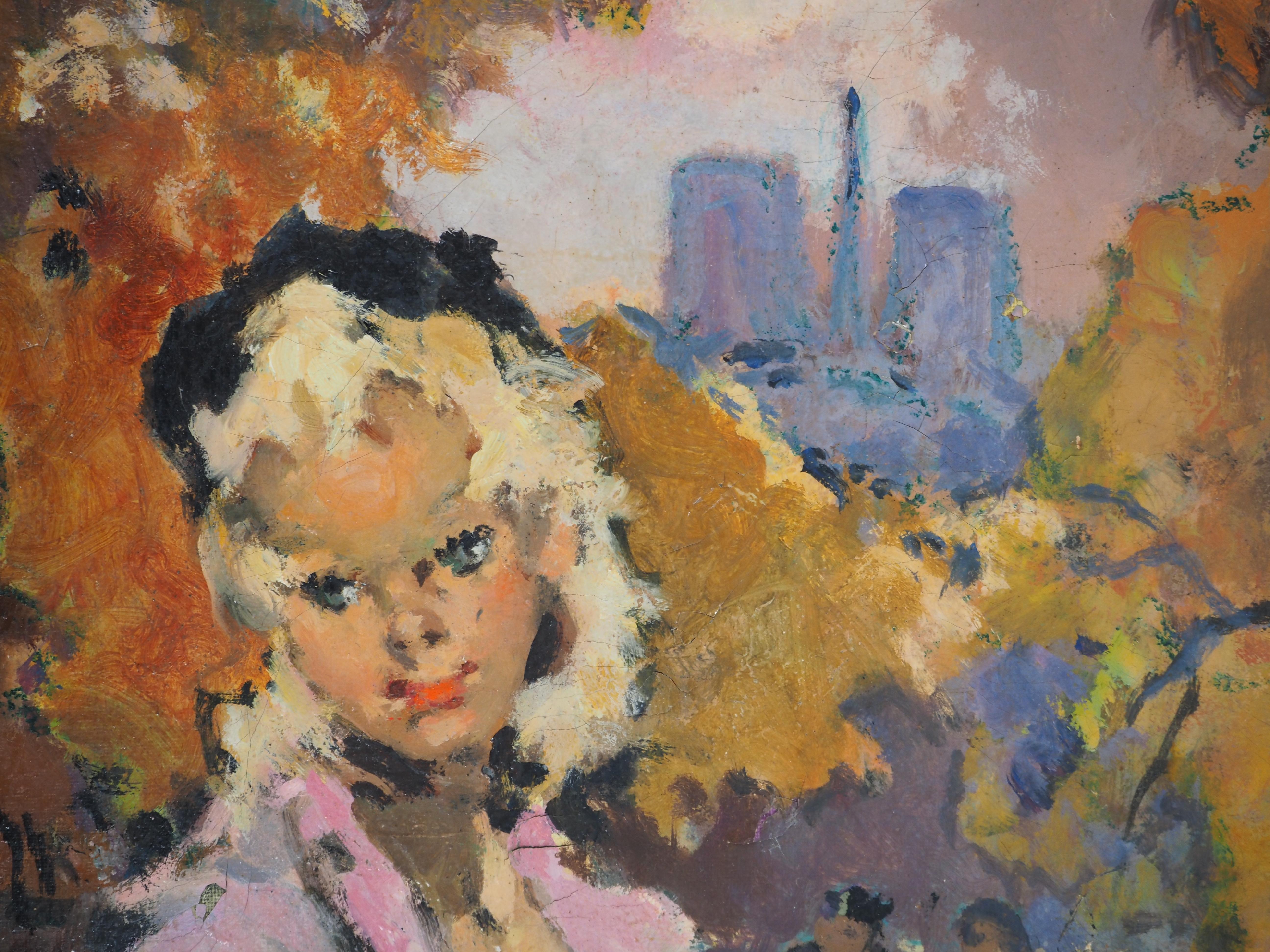 Une femme élégante près de Notre Dame de Paris - Huile sur toile originale, signée 3