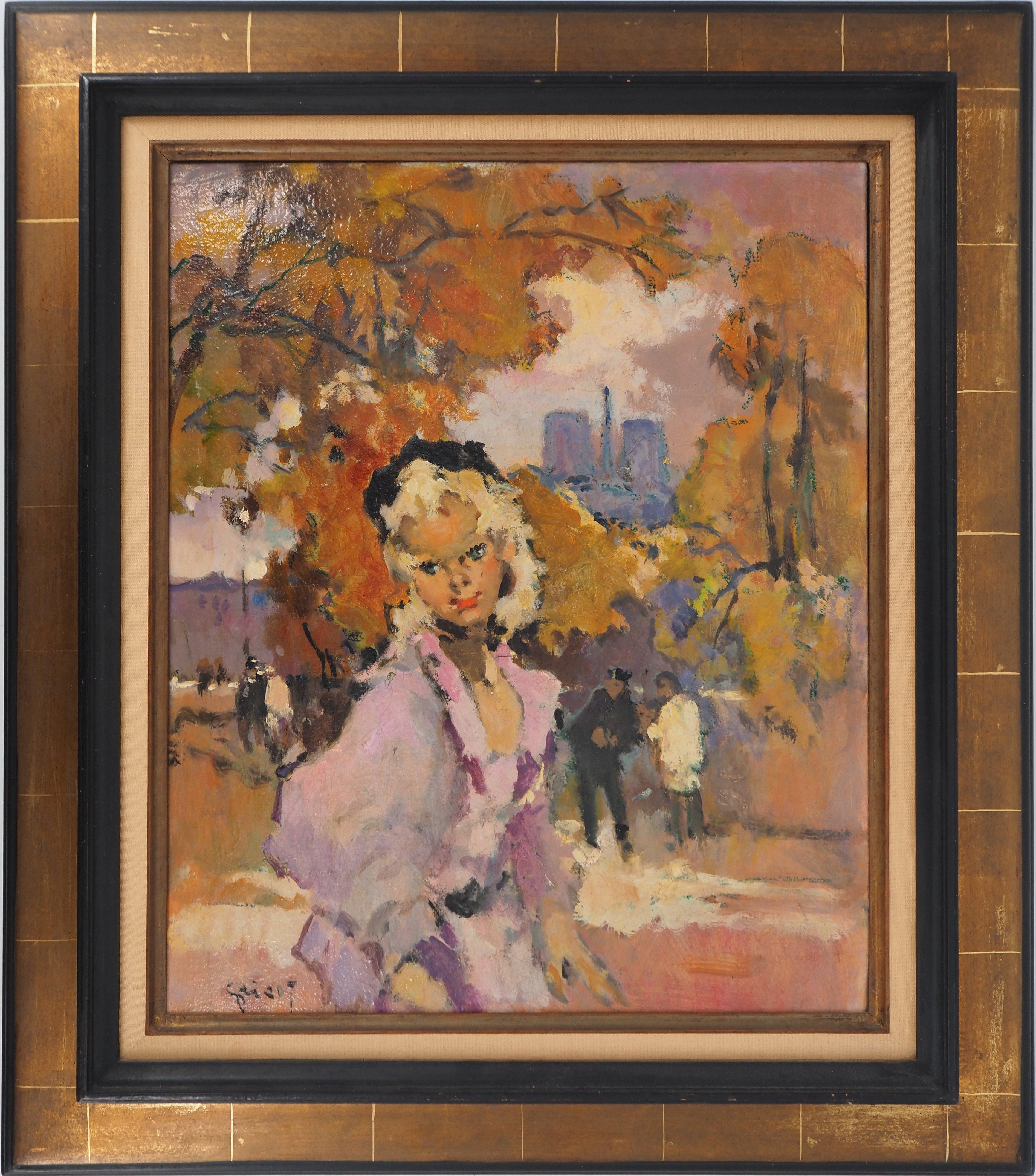 Figurative Painting Pierre Grisot - Une femme élégante près de Notre Dame de Paris - Huile sur toile originale, signée