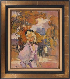Elegant Woman near Notre Dame de Paris - Original Oil on Canvas, Signed