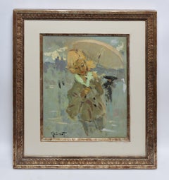 Paris School Impressionist Cityscape, "Rainy Day with Parasol", by Pierre Grisot