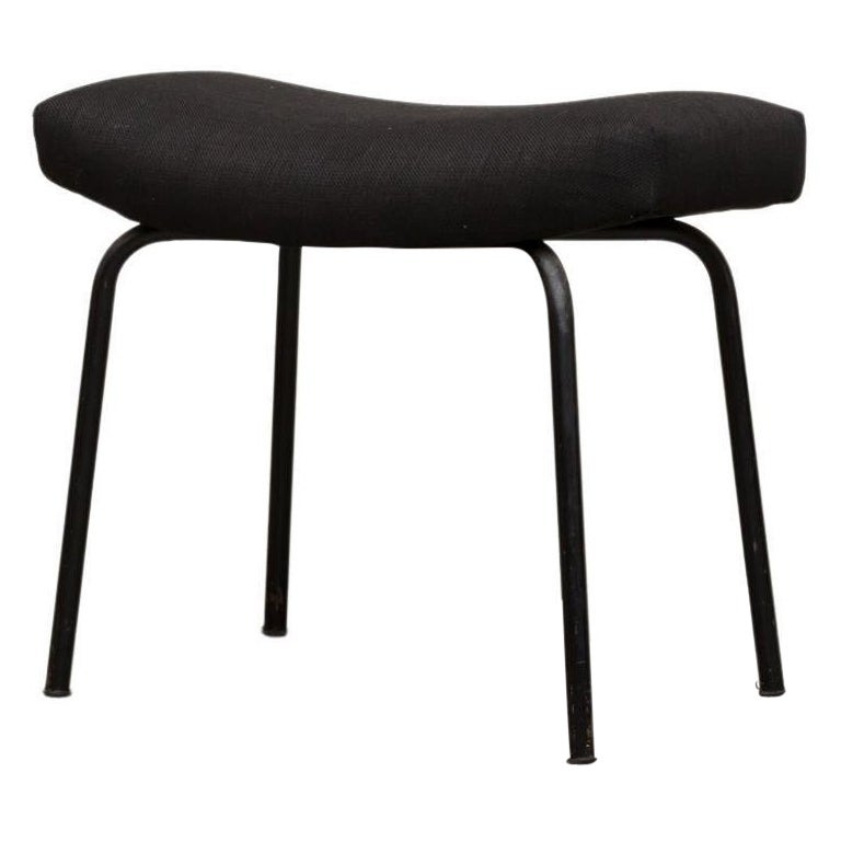 Pierre Guariche Attributed Black Upholstered Foot Stool with Black Tubular Legs