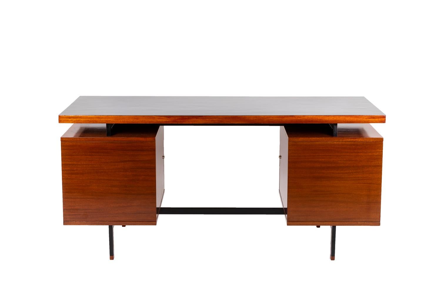 Modern Pierre Guariche, Desk in Mahogany and Lacquered Metal, 1960's