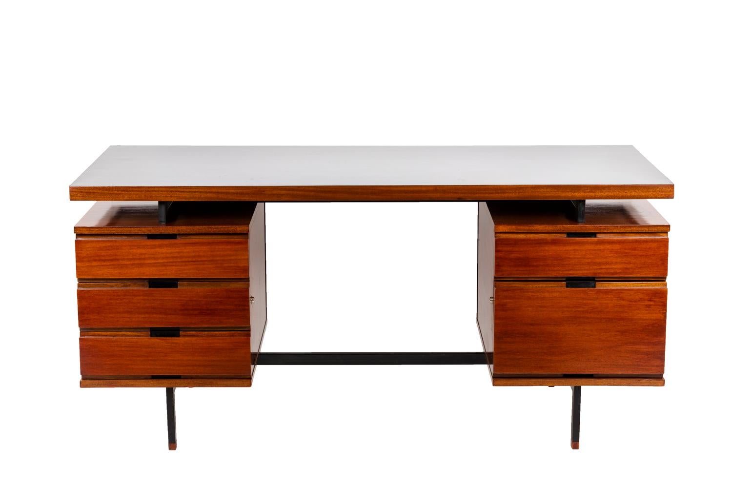 European Pierre Guariche, Desk in Mahogany and Lacquered Metal, 1960's