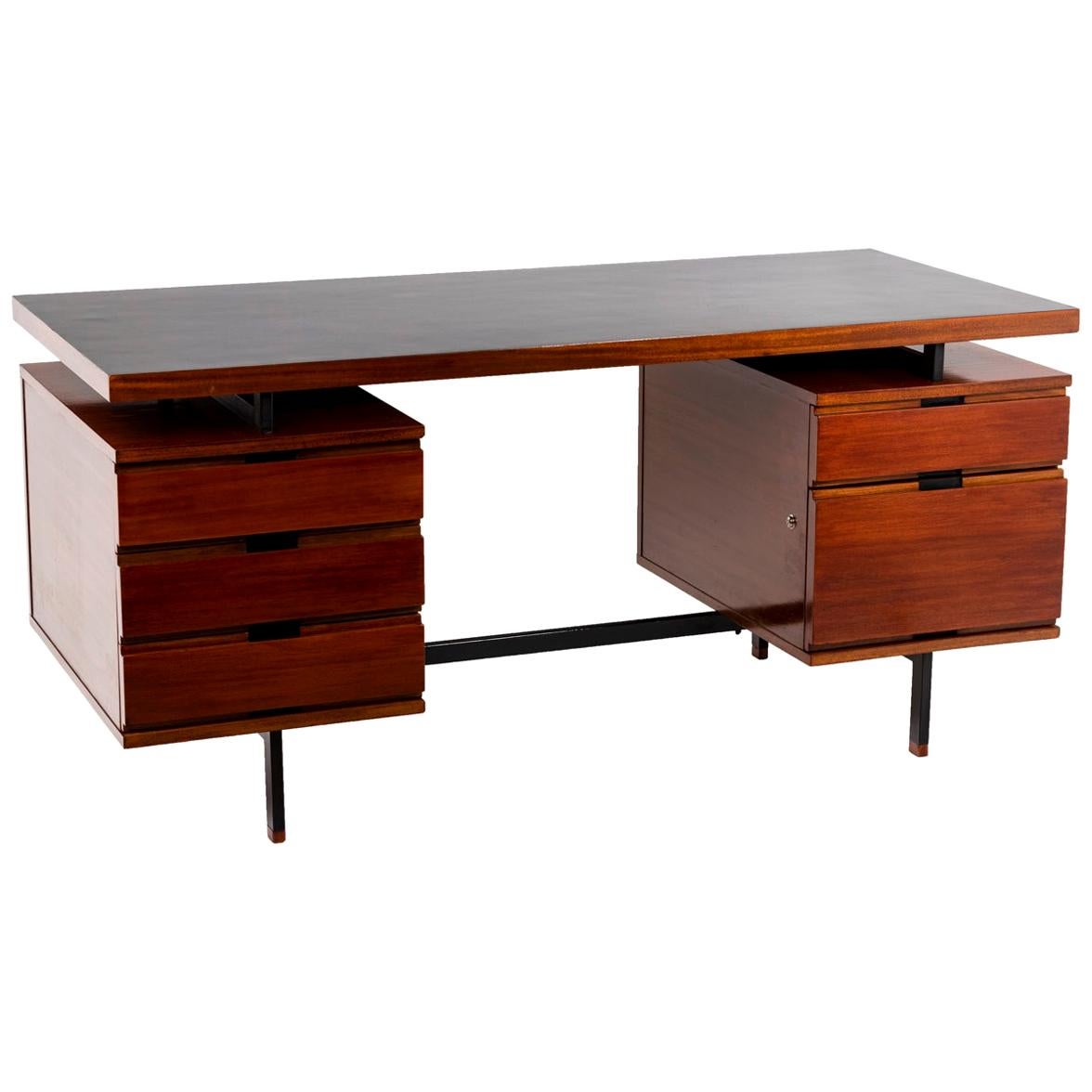 Pierre Guariche, Desk in Mahogany and Lacquered Metal, 1960's