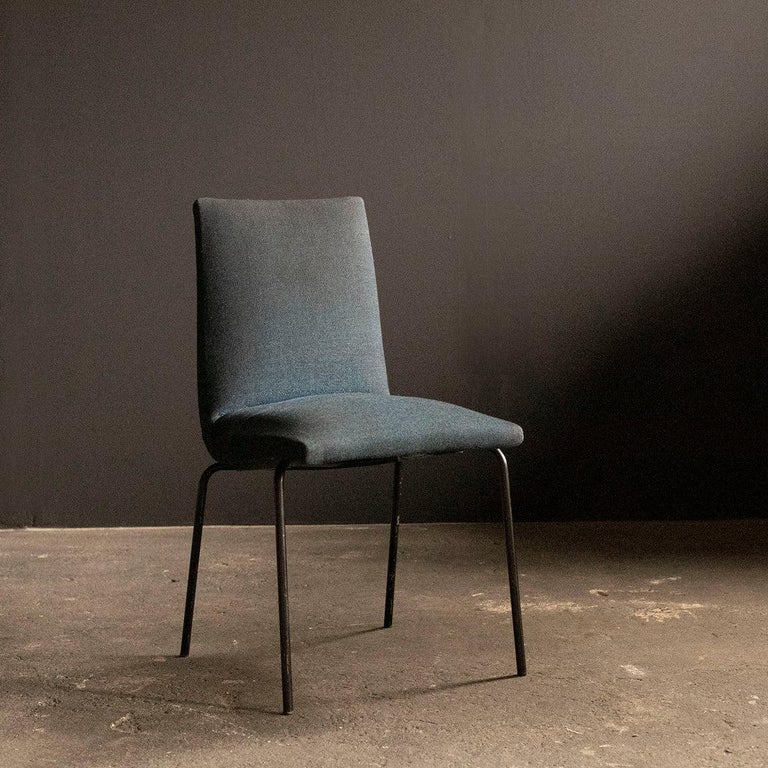 Mid-century dining chairs designed by French designer Pierre Guariche for Belgian furniture maker Meurop in 1960s.
Upholstery and black painted metal legs.
Upholstery is original.
Excellent vintage condition for the age. 