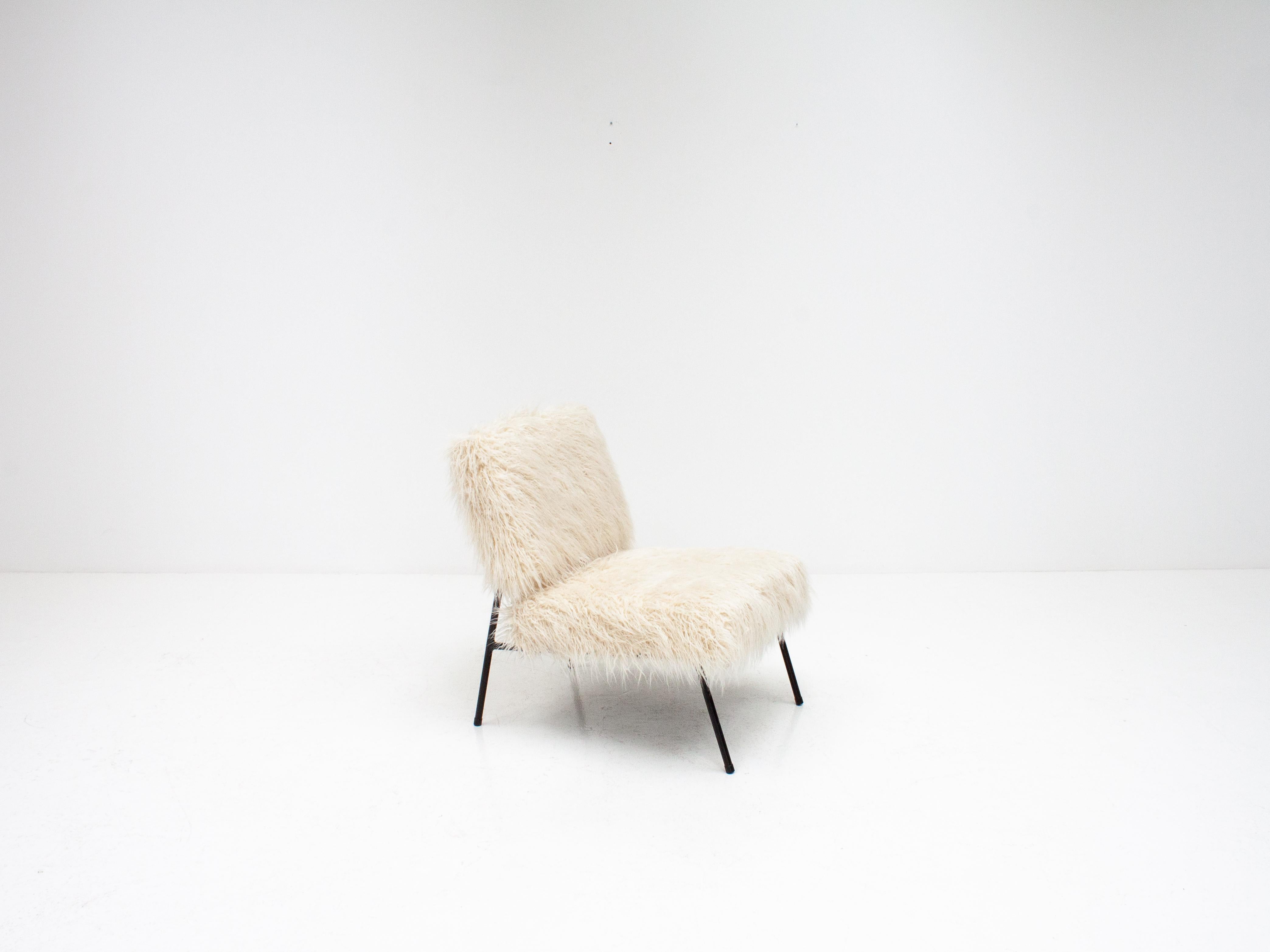 Steel Pierre Guariche Easy Chair, Airborne, 1960s, Reupholstered in Pierre Frey