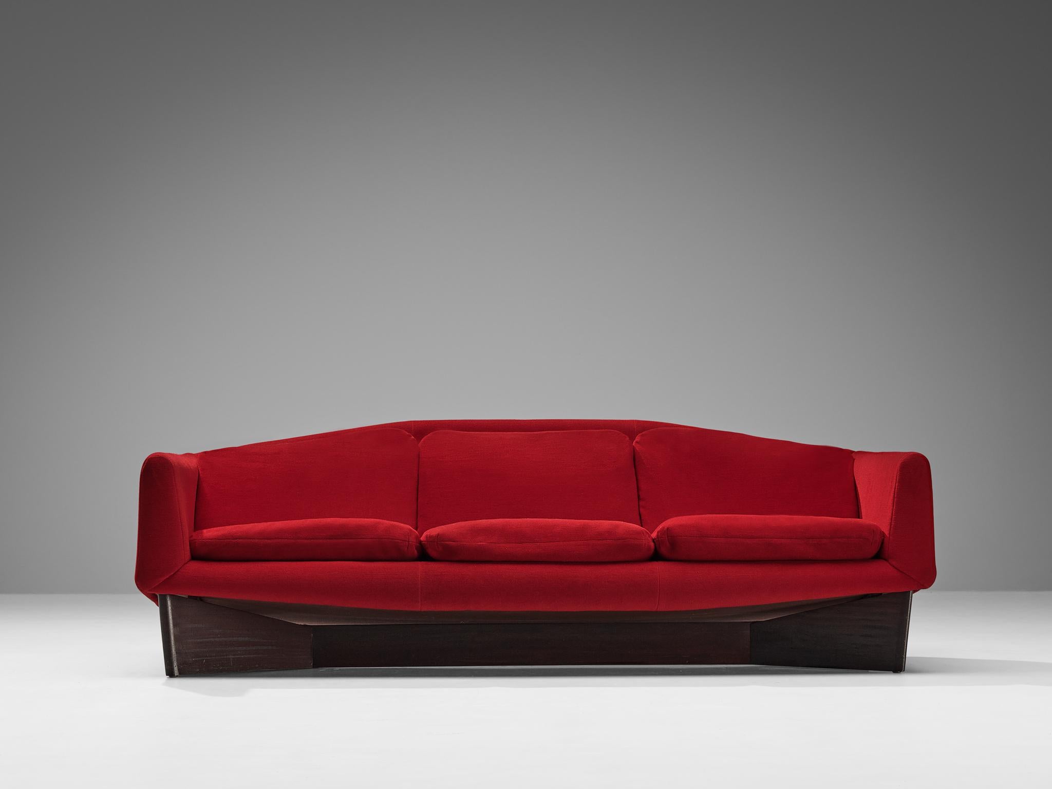 French Pierre Guariche for Burov 'Monaco' Sofa in Red Velvet and Mahogany  For Sale