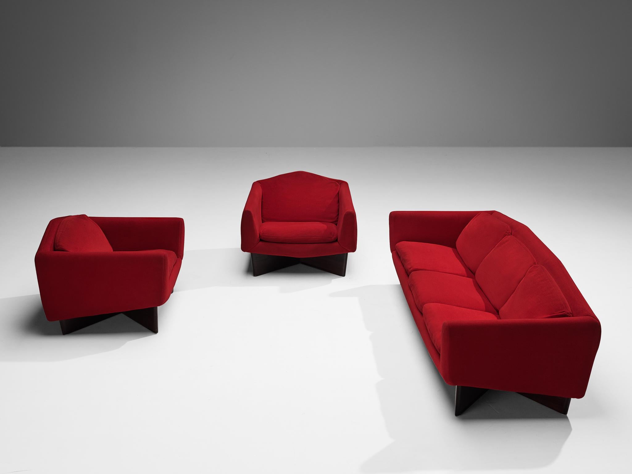 Pierre Guariche for Burov Pair of 'Monaco' Lounge Chairs in Red Velvet 7