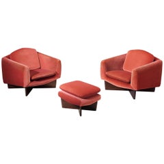 Pierre Guariche for Burov Pair of Monaco Lounge Chairs with Ottoman in Velvet