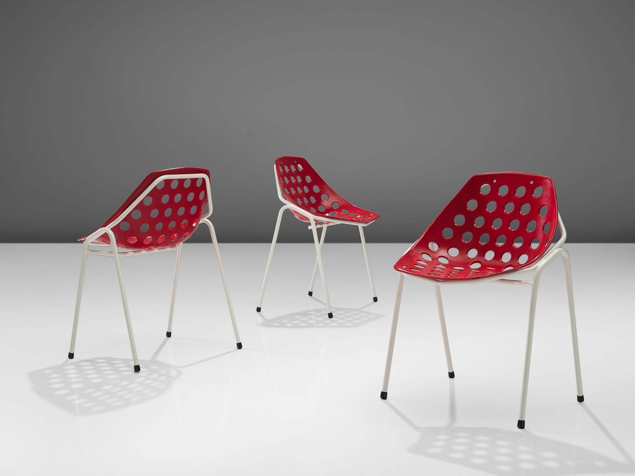 Mid-20th Century Pierre Guariche for Meurop Set of Six 'Coquillage' Dining Chairs in Red For Sale