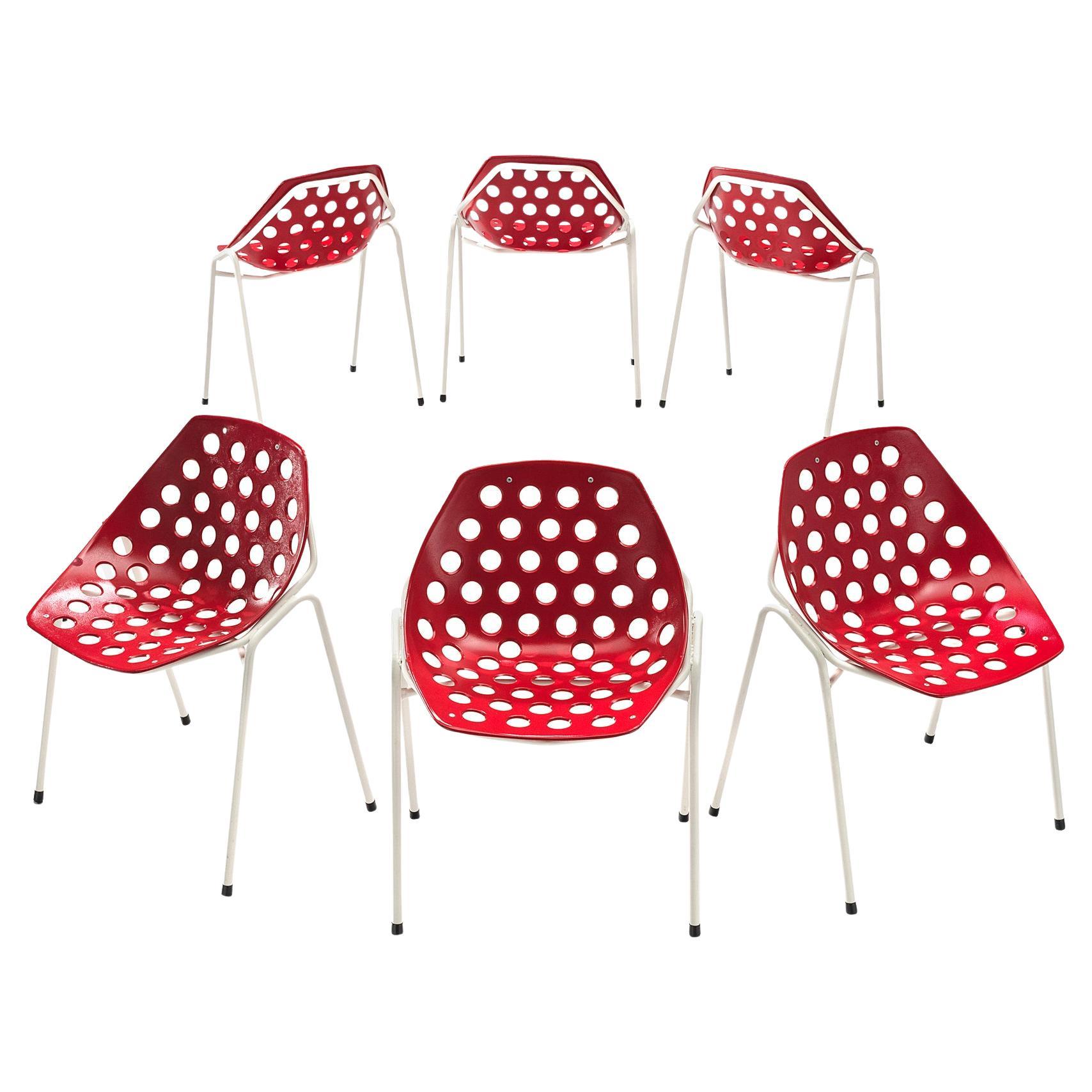 Pierre Guariche for Meurop Set of Six 'Coquillage' Dining Chairs in Red For Sale