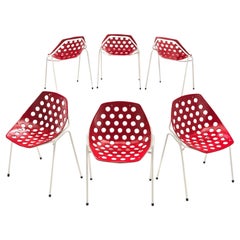 Retro Pierre Guariche for Meurop Set of Six 'Coquillage' Dining Chairs in Red